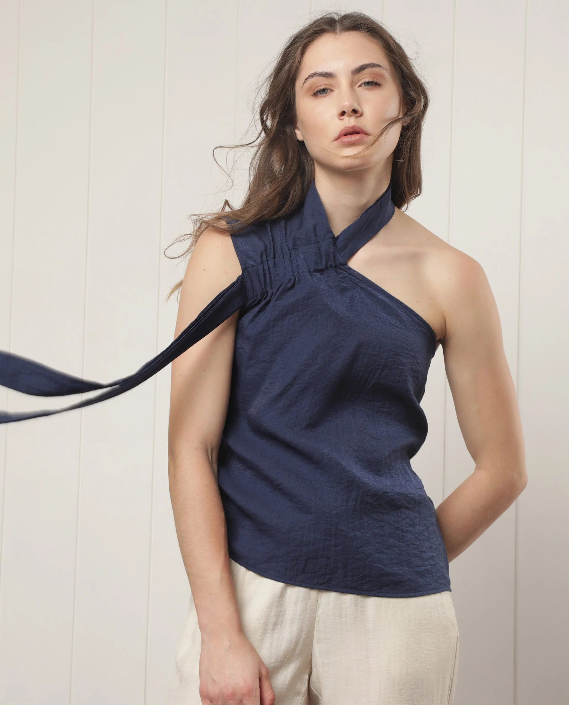 Rareism Women's Urale Navy Rayon Blend Halter Neck Plain Sleeveless Slim Fit Top