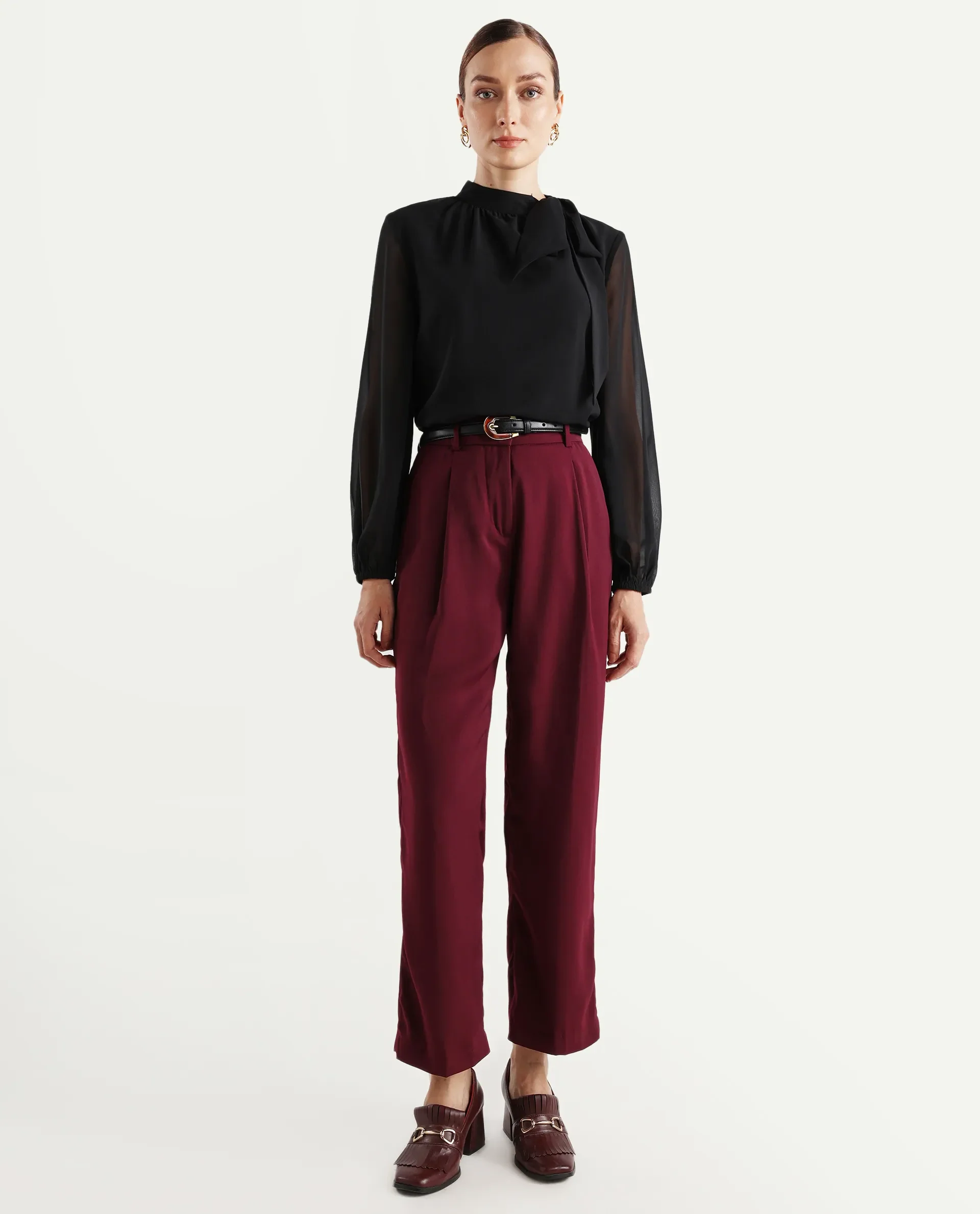 Rareism Women's Urap Dark Maroon Polyester Blend Plain Ankle Length Straight Fit Trouser - Image 2