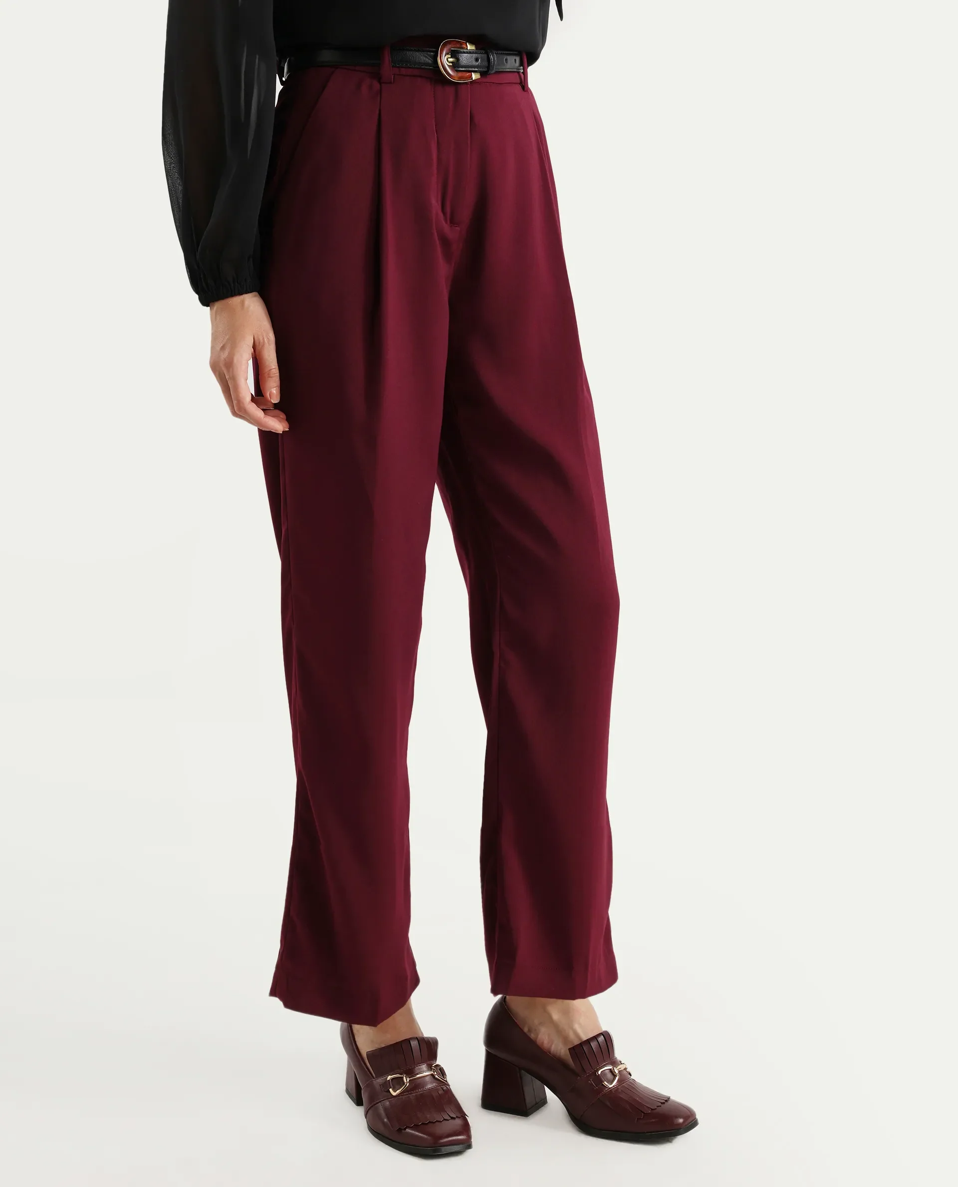 Rareism Women's Urap Dark Maroon Polyester Blend Plain Ankle Length Straight Fit Trouser - Image 3