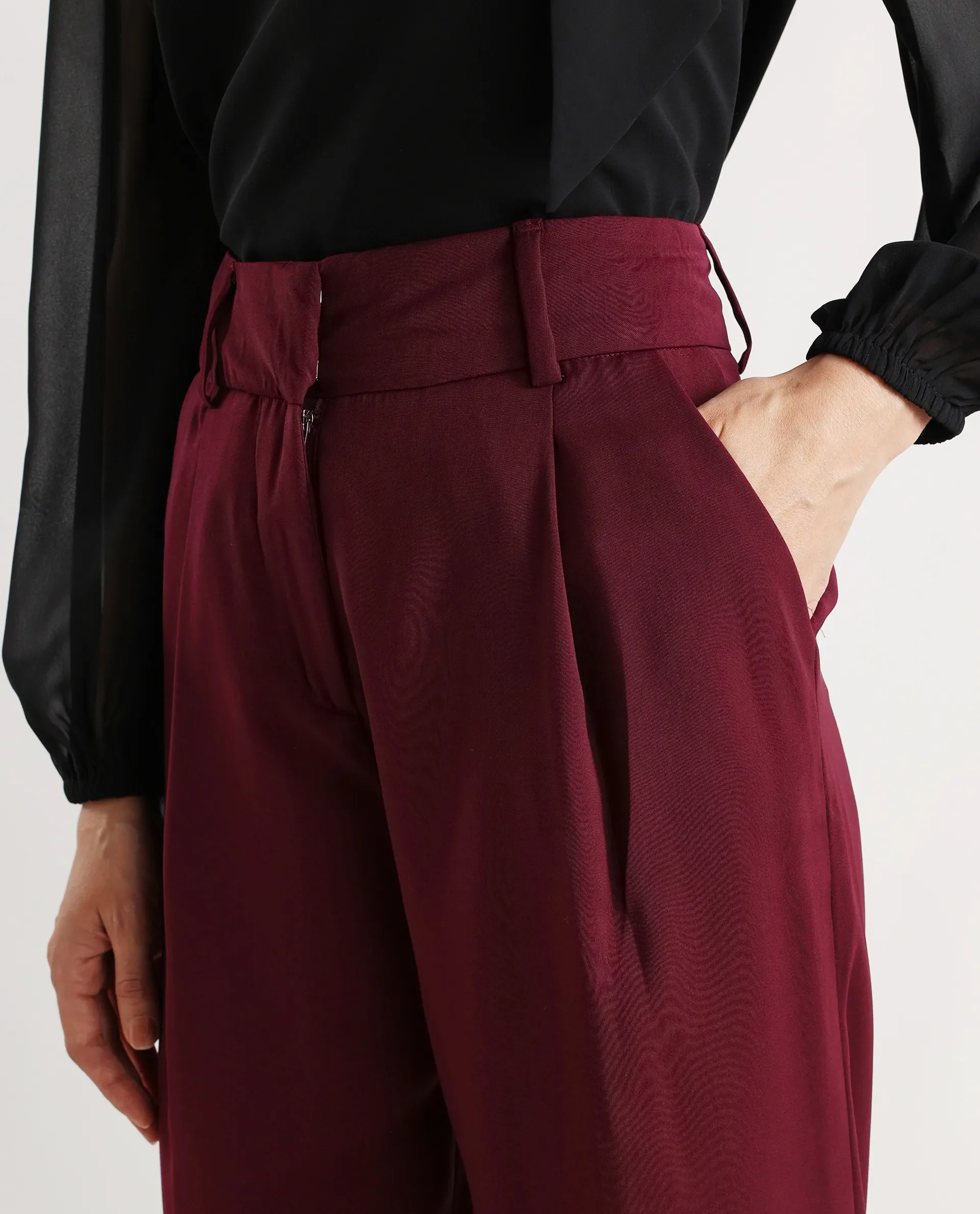 Rareism Women's Urap Dark Maroon Polyester Blend Plain Ankle Length Straight Fit Trouser - Image 5