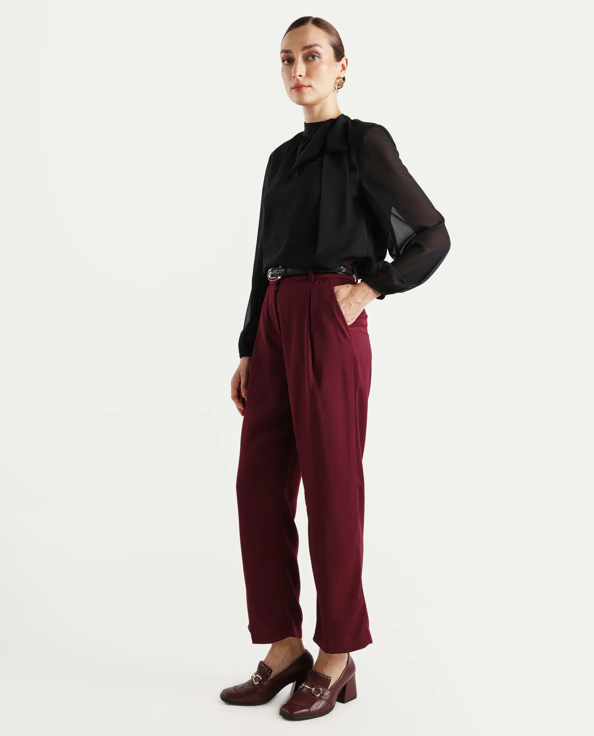 Rareism Women's Urap Dark Maroon Polyester Blend Plain Ankle Length Straight Fit Trouser - Image 6