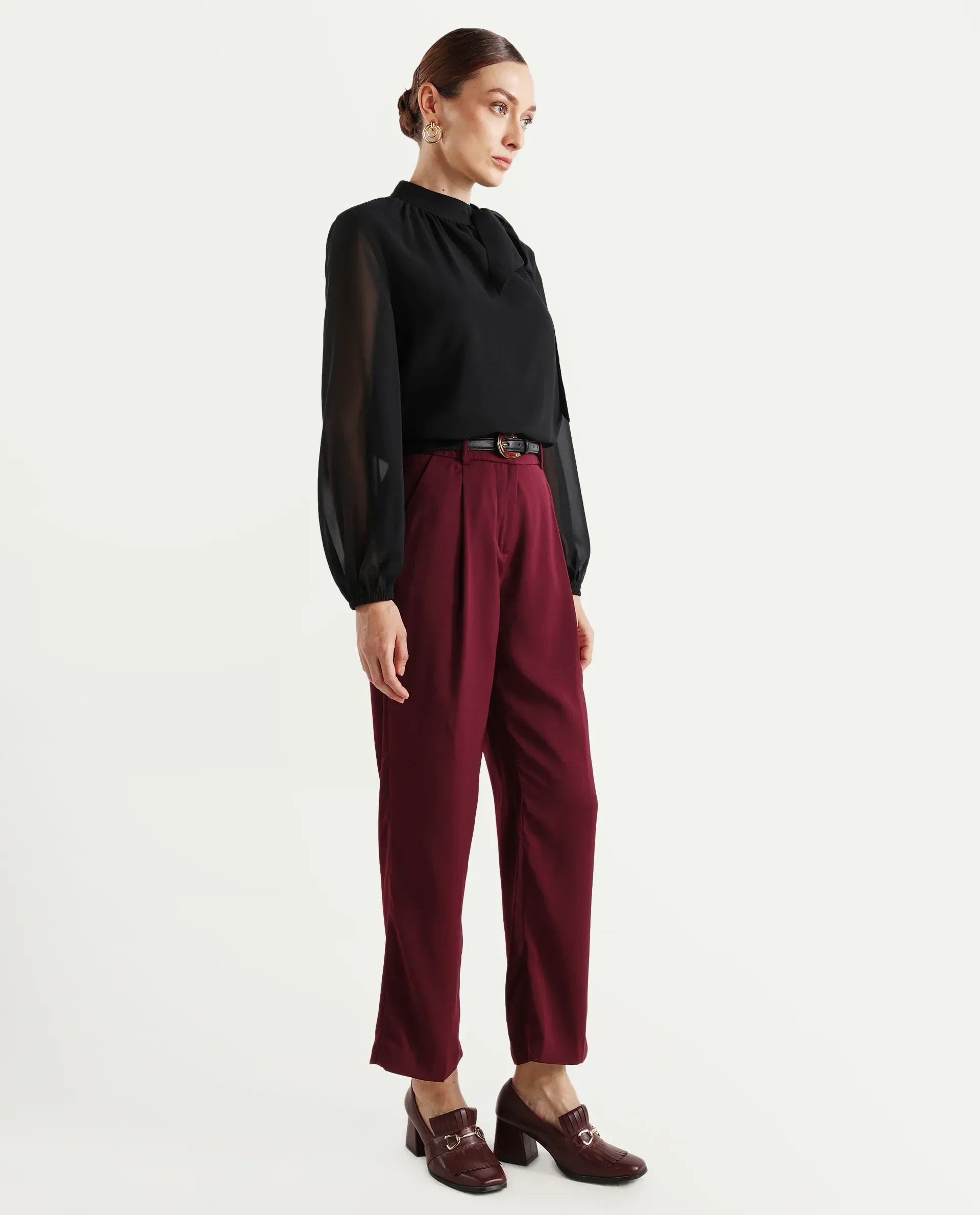 Rareism Women's Urap Dark Maroon Polyester Blend Plain Ankle Length Straight Fit Trouser - Image 7