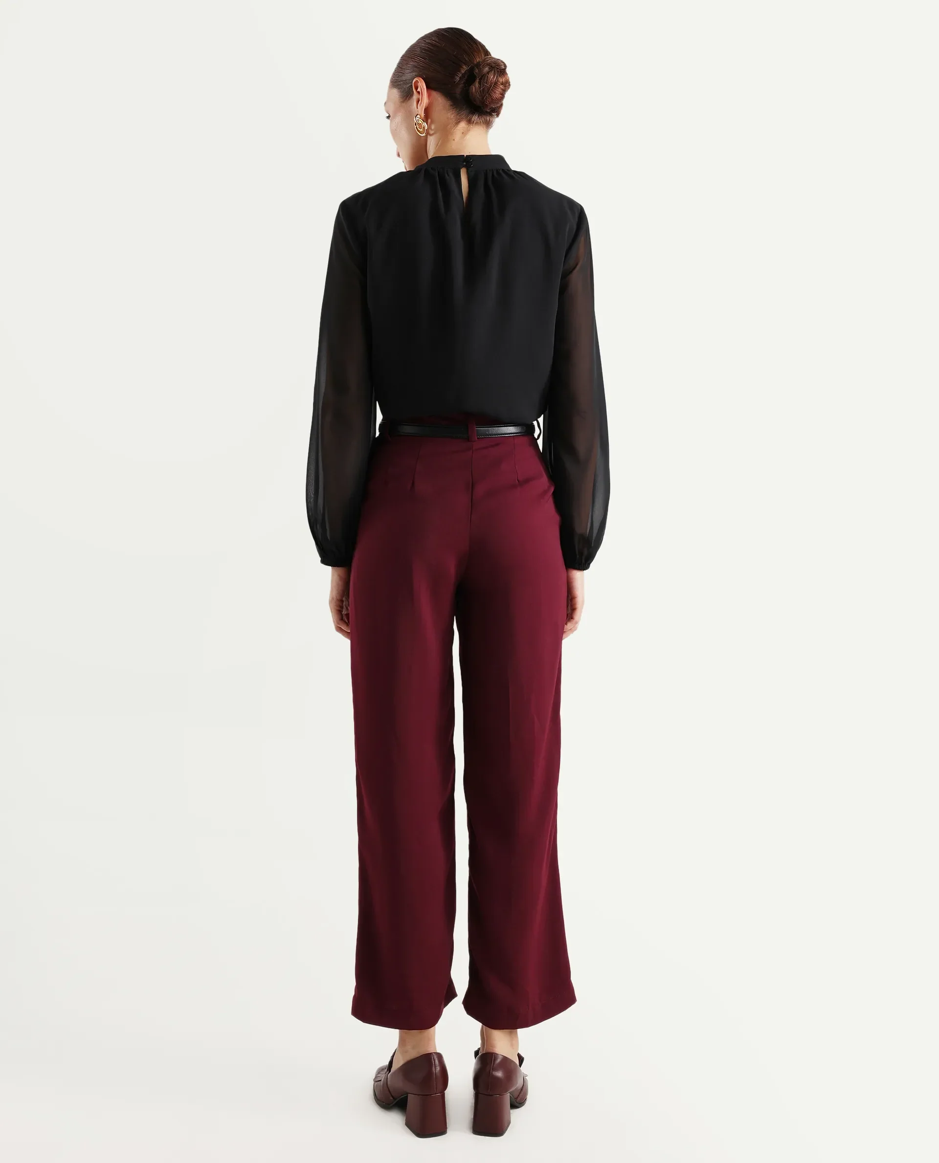 Rareism Women's Urap Dark Maroon Polyester Blend Plain Ankle Length Straight Fit Trouser - Image 8