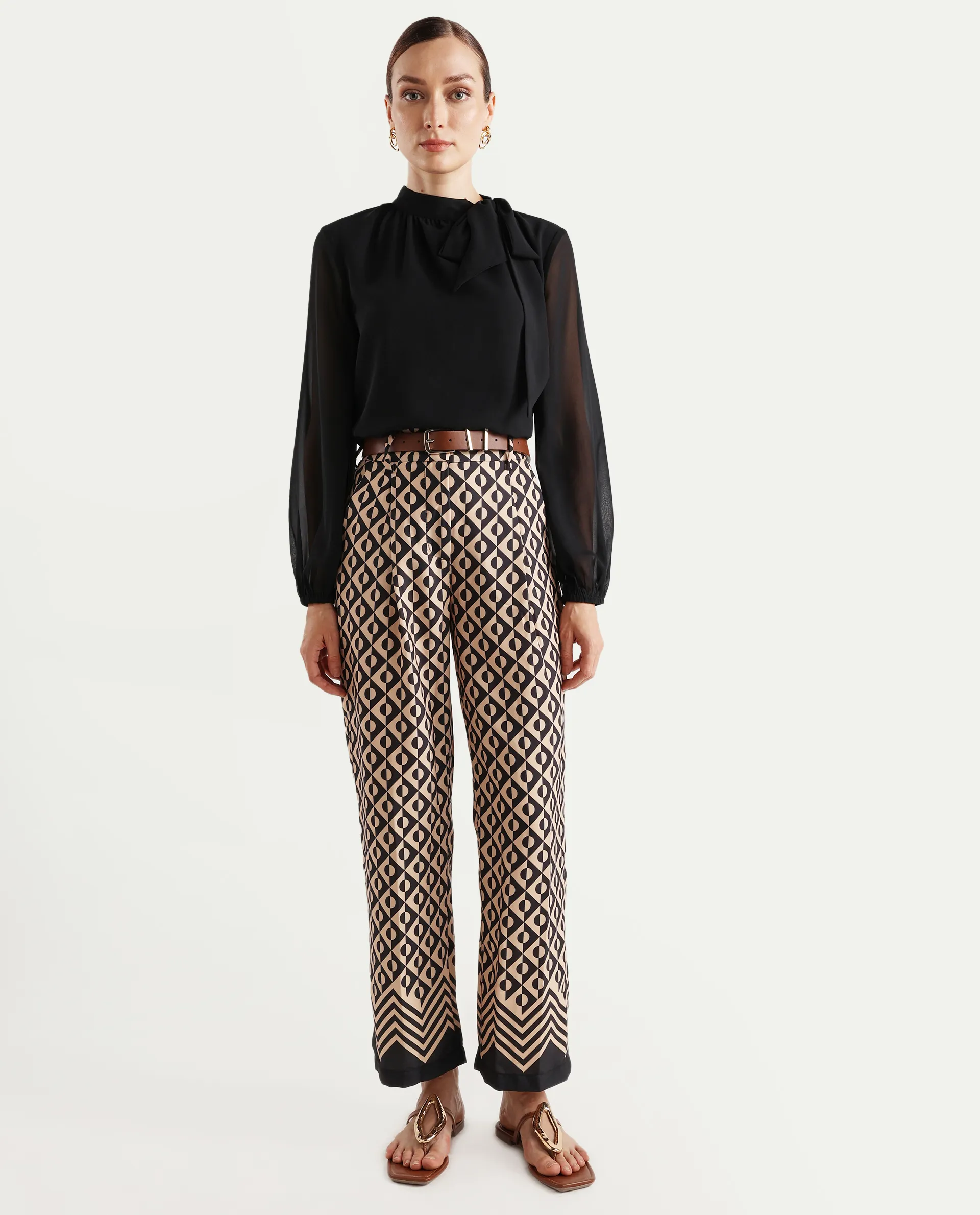 Rareism Women's Urapan Black Polyester Blend Geometric Print Ankle Length Straight Fit Trouser - Image 2