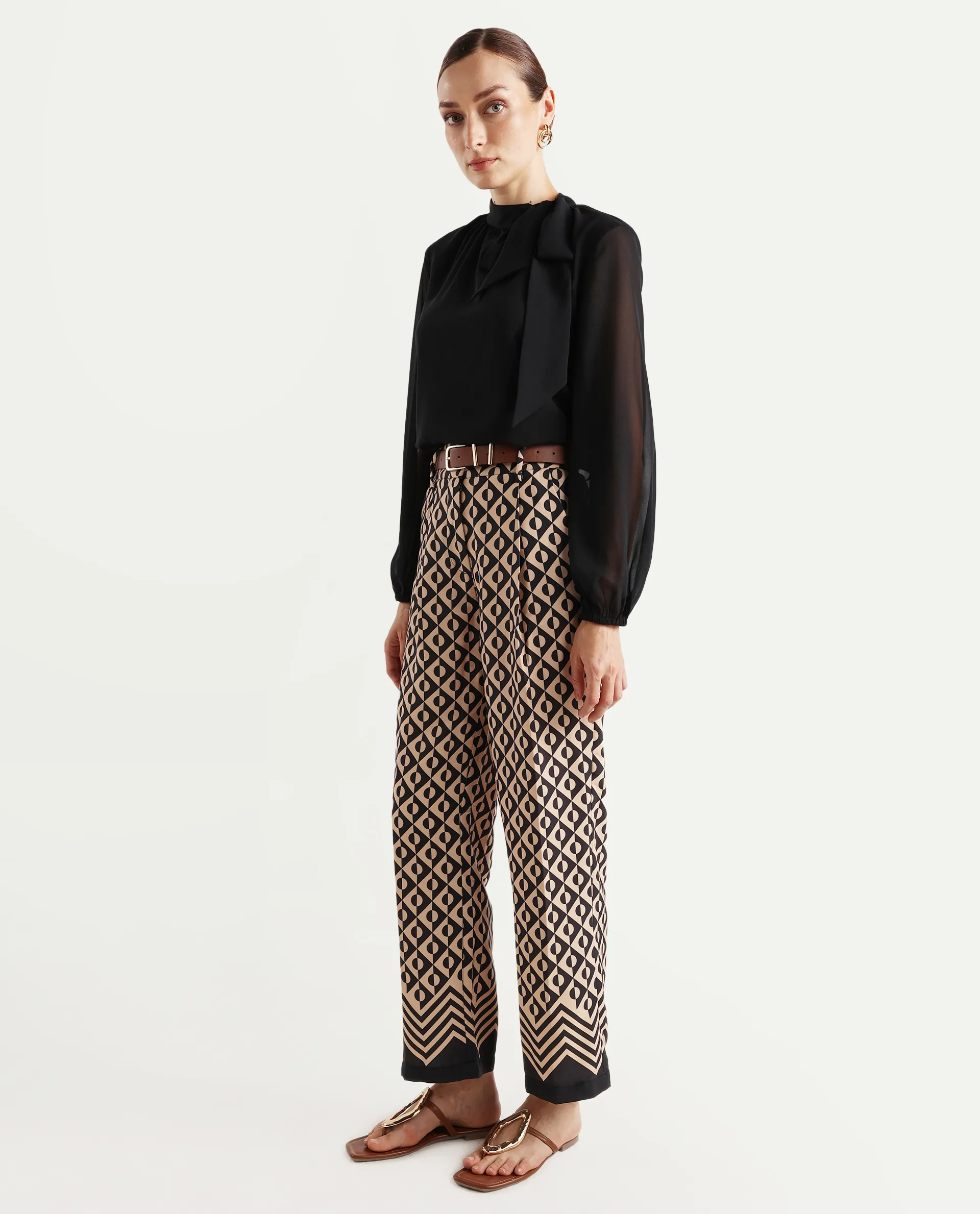 Rareism Women's Urapan Black Polyester Blend Geometric Print Ankle Length Straight Fit Trouser - Image 5