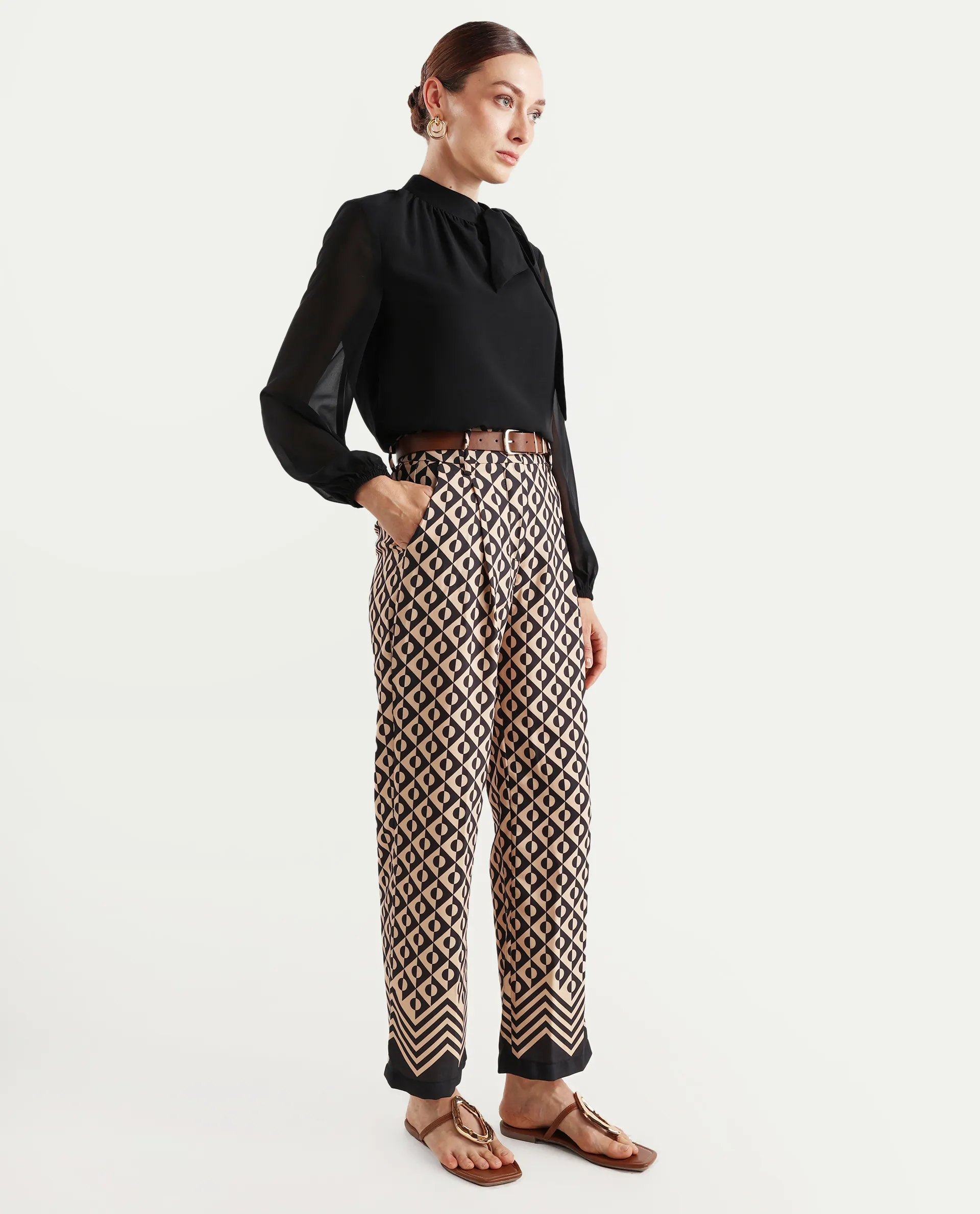 Rareism Women's Urapan Black Polyester Blend Geometric Print Ankle Length Straight Fit Trouser - Image 6