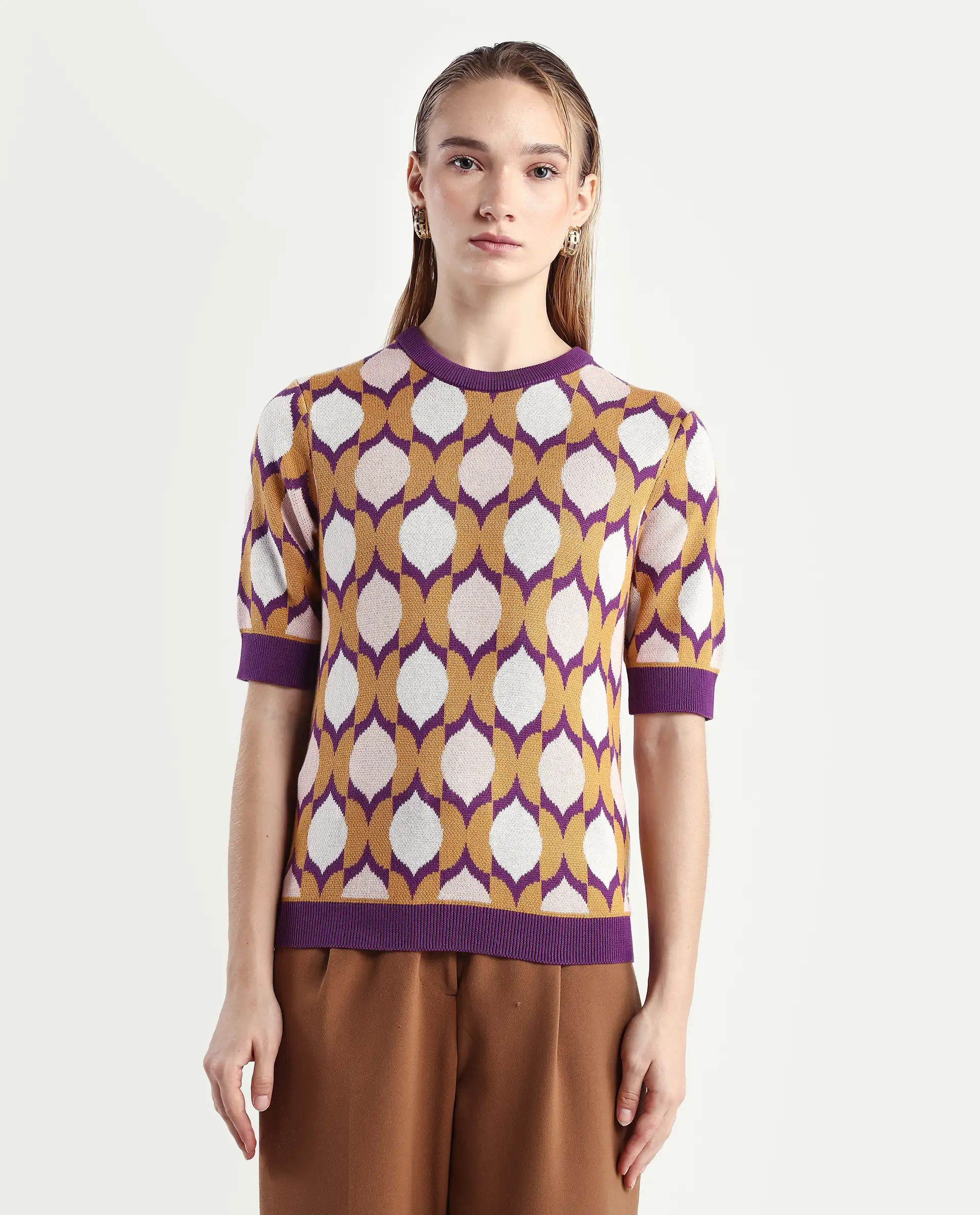 Rareism Women's Ursha Multi Cotton Crew Neck Geometric Print Regular Fit Top - Image 3