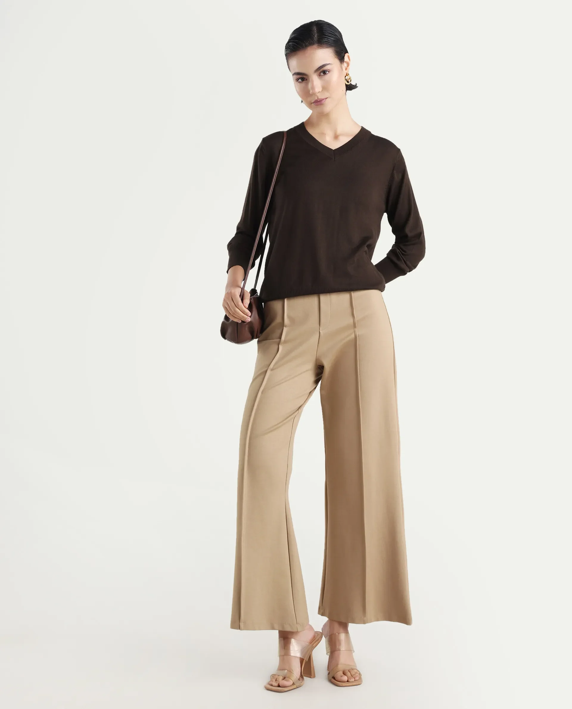 Rareism Women's Usak Brown Acrylic V-Neck Plain Regular Fitted Sweater - Image 2