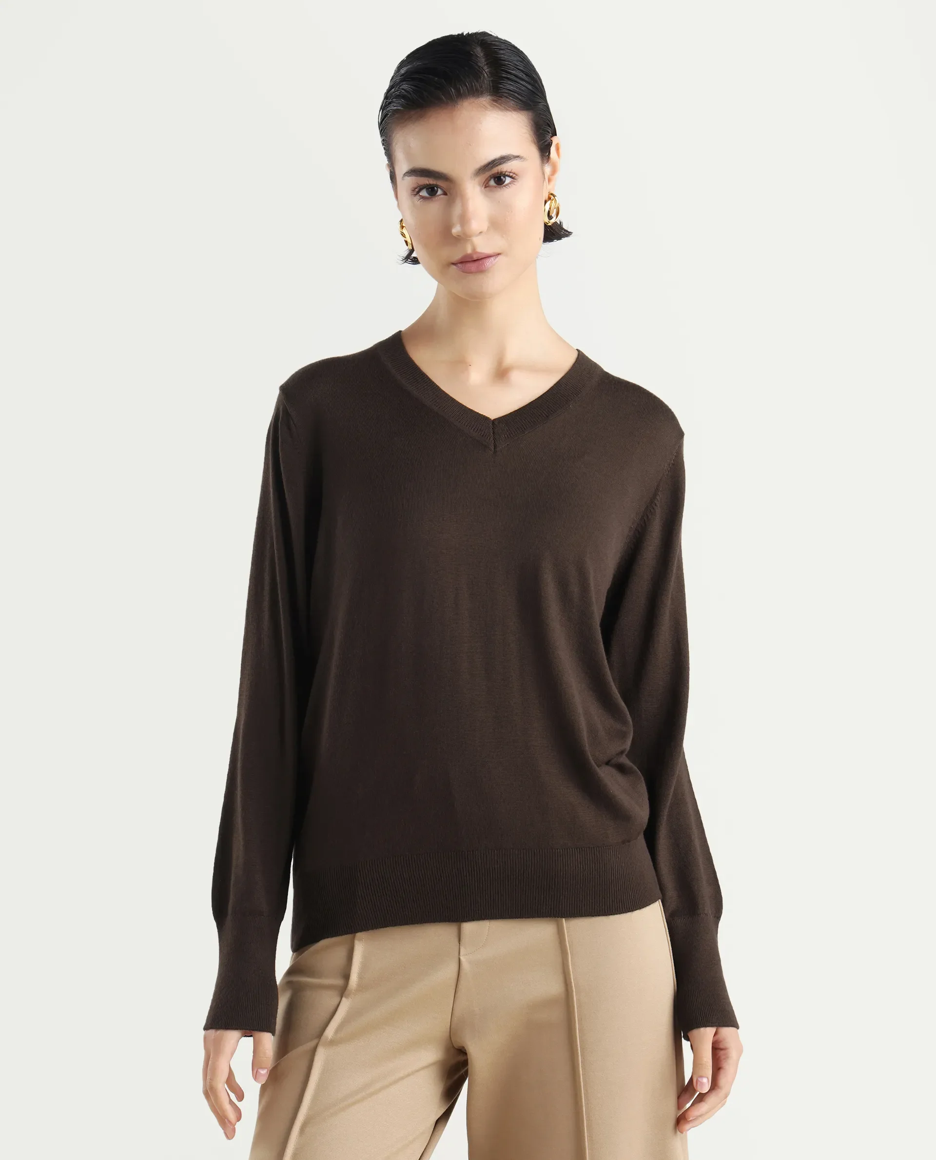 Rareism Women's Usak Brown Acrylic V-Neck Plain Regular Fitted Sweater - Image 3