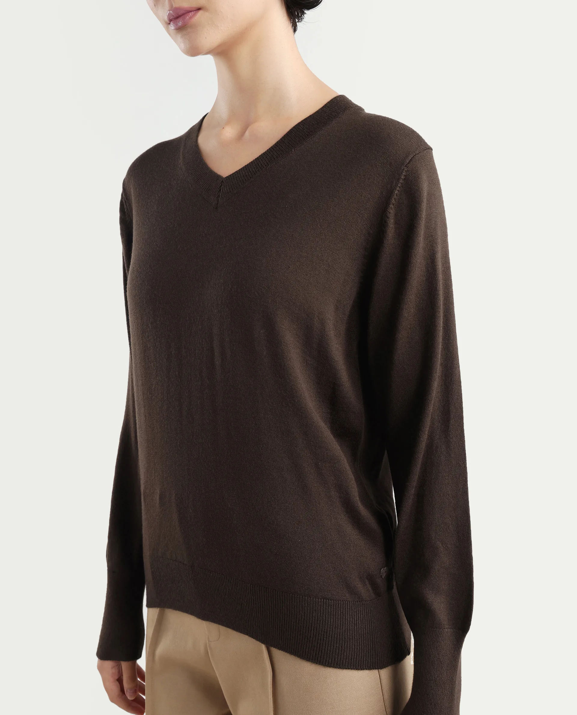 Rareism Women's Usak Brown Acrylic V-Neck Plain Regular Fitted Sweater - Image 4