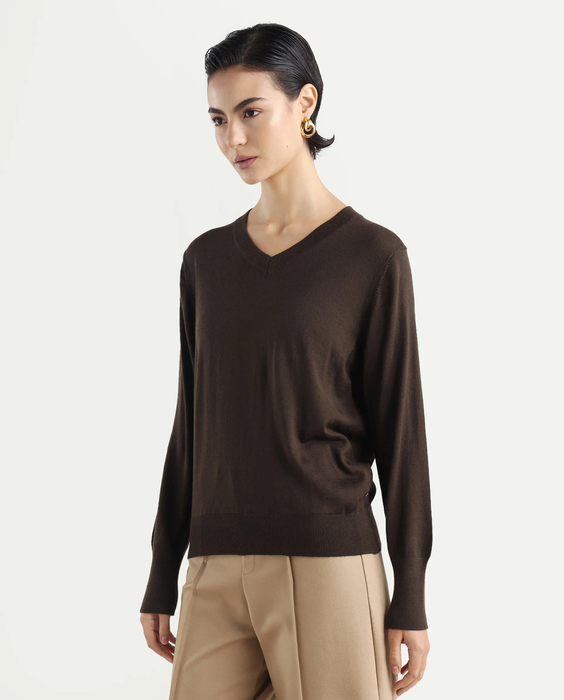 Rareism Women's Usak Brown Acrylic V-Neck Plain Regular Fitted Sweater - Image 5