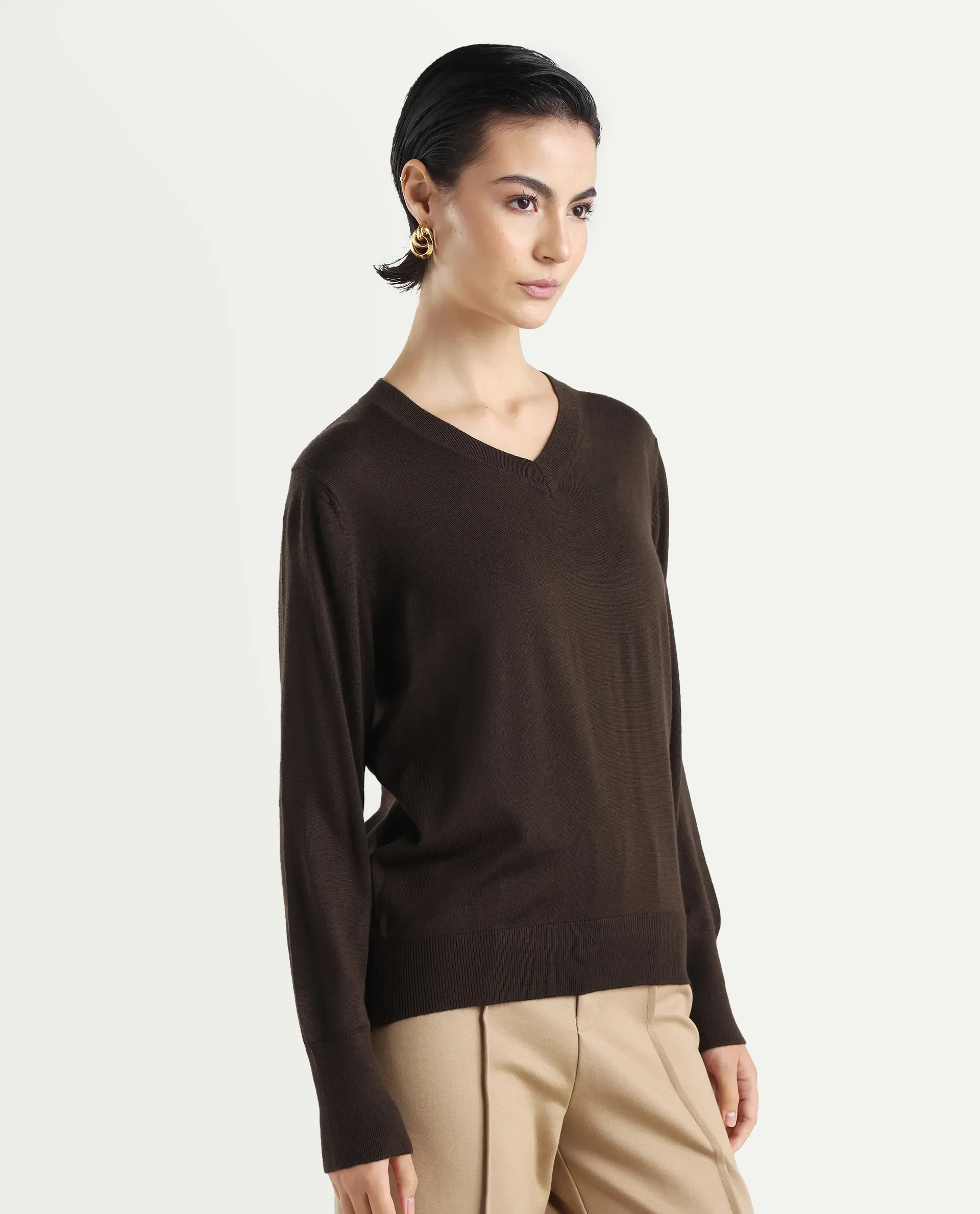 Rareism Women's Usak Brown Acrylic V-Neck Plain Regular Fitted Sweater - Image 6