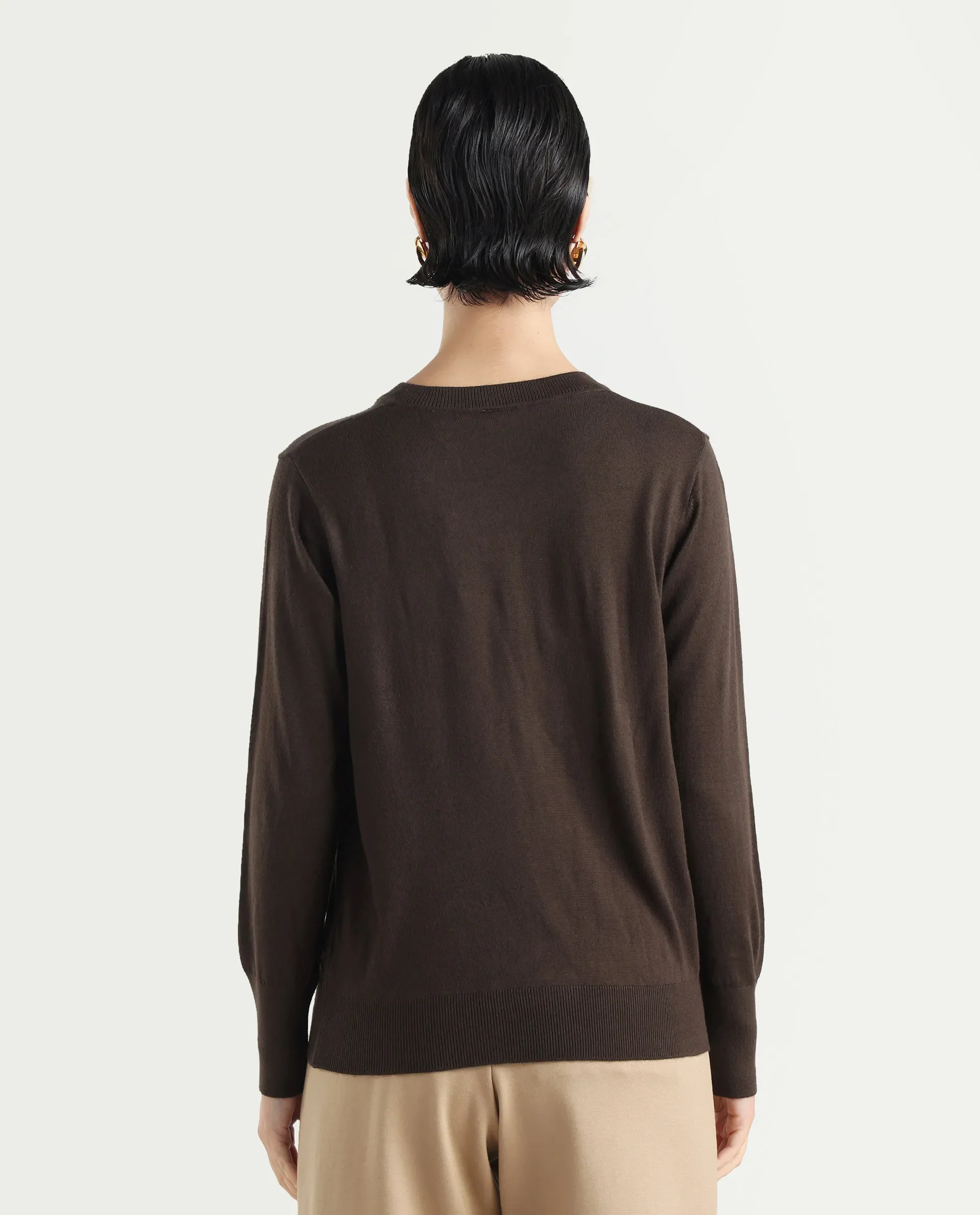 Rareism Women's Usak Brown Acrylic V-Neck Plain Regular Fitted Sweater - Image 7