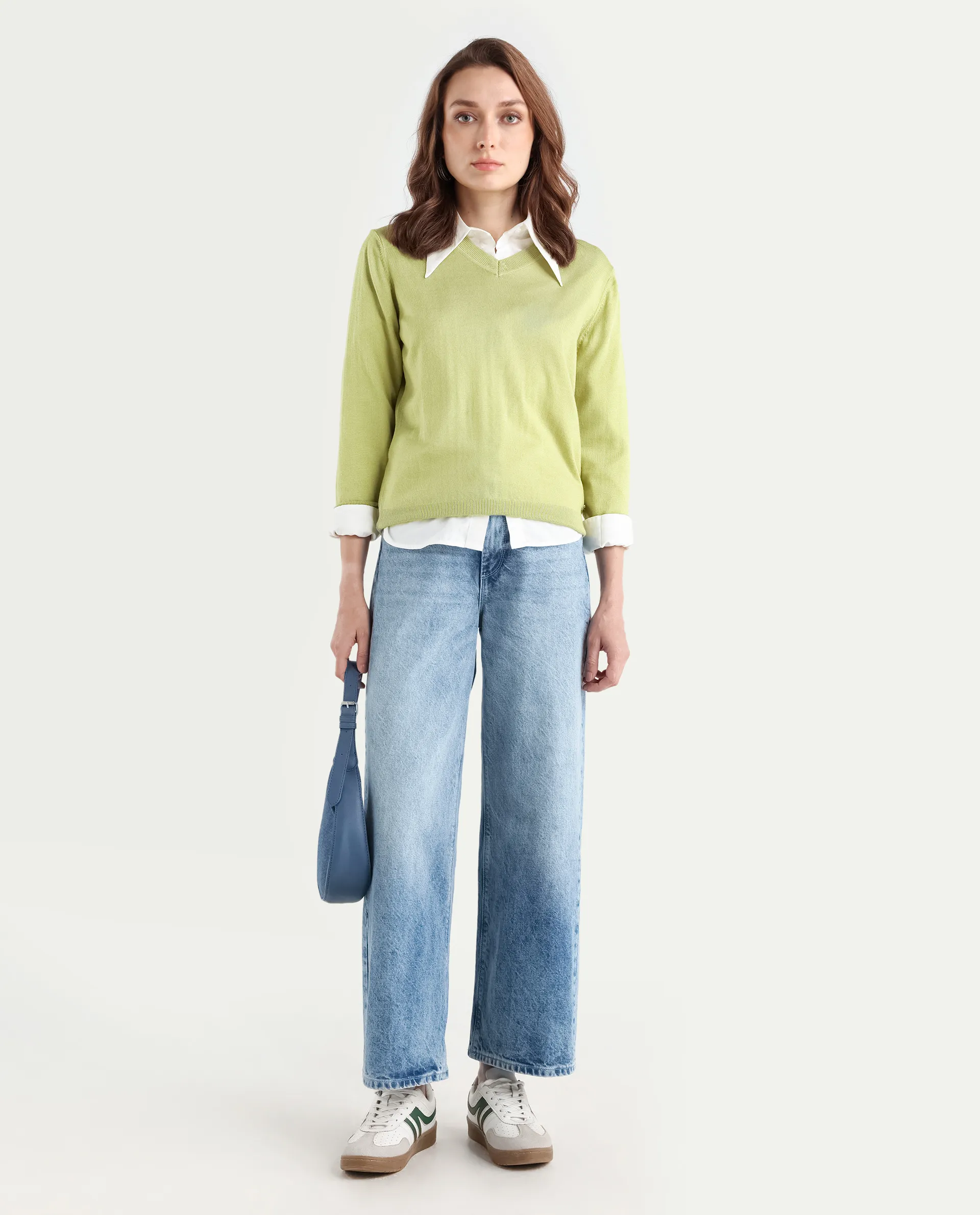 Rareism Women's Usak Flouroscent Green Acrylic V-Neck Plain Regular Fitted Sweater - Image 2