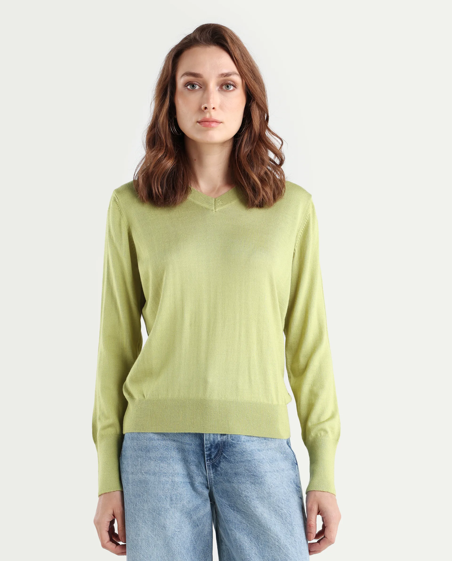Rareism Women's Usak Flouroscent Green Acrylic V-Neck Plain Regular Fitted Sweater - Image 3