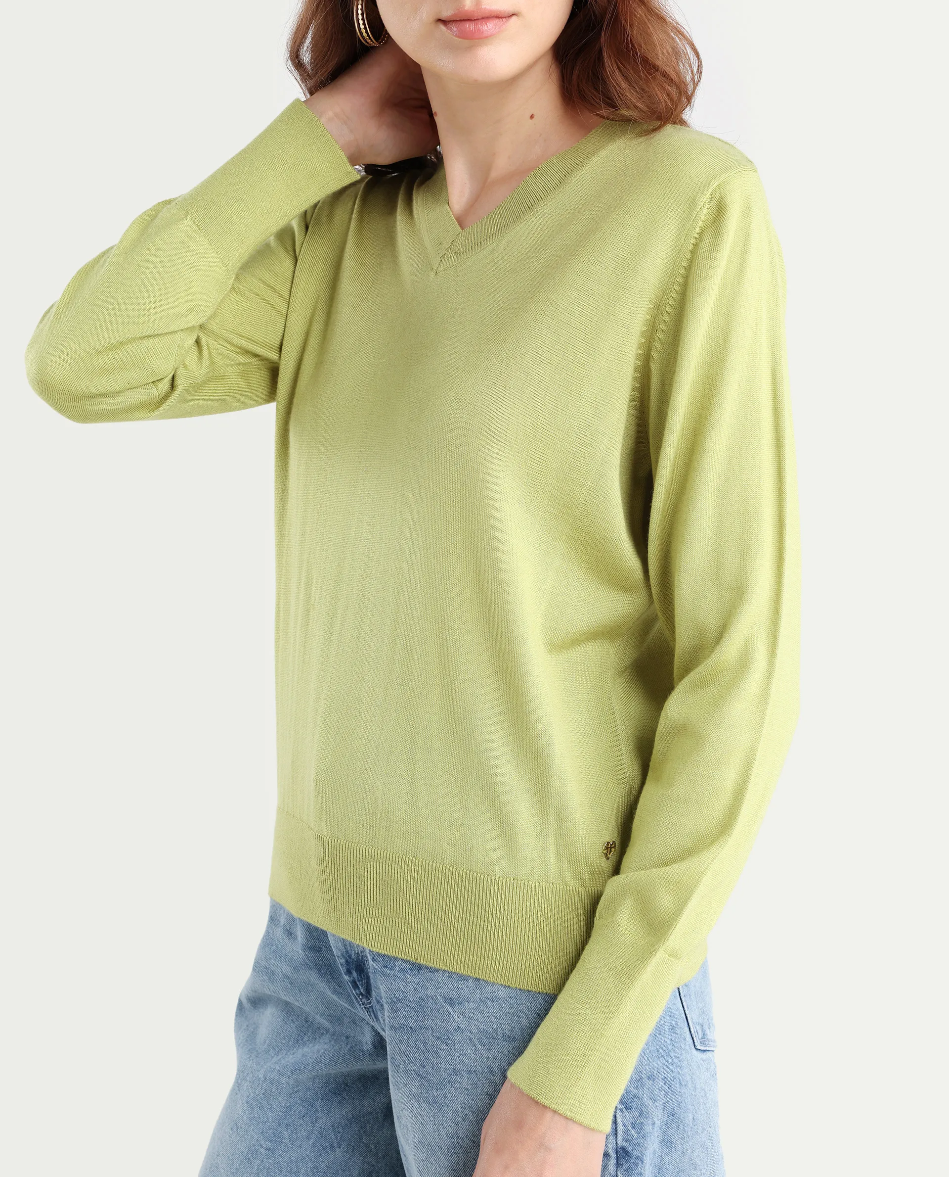 Rareism Women's Usak Flouroscent Green Acrylic V-Neck Plain Regular Fitted Sweater - Image 4