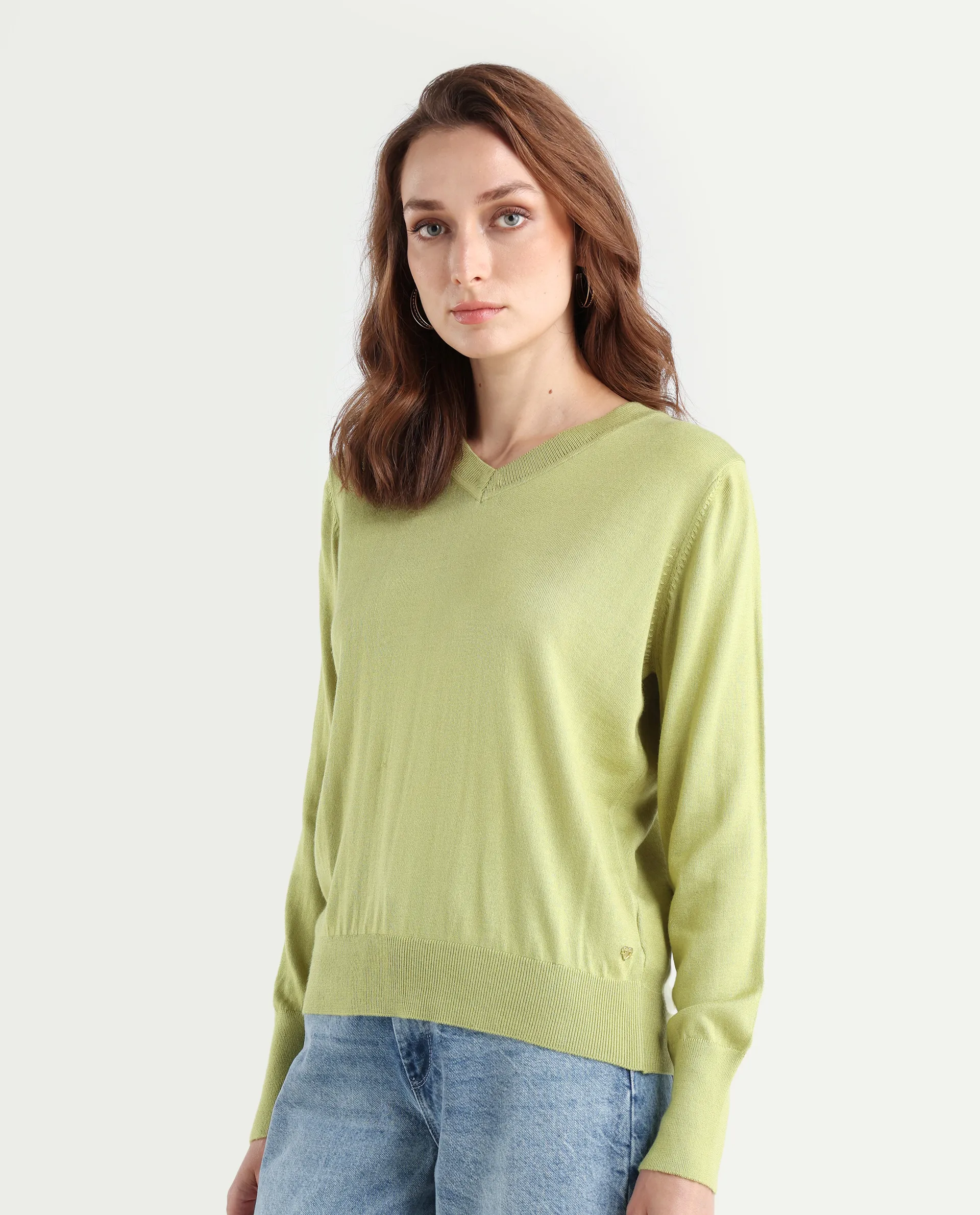 Rareism Women's Usak Flouroscent Green Acrylic V-Neck Plain Regular Fitted Sweater - Image 5
