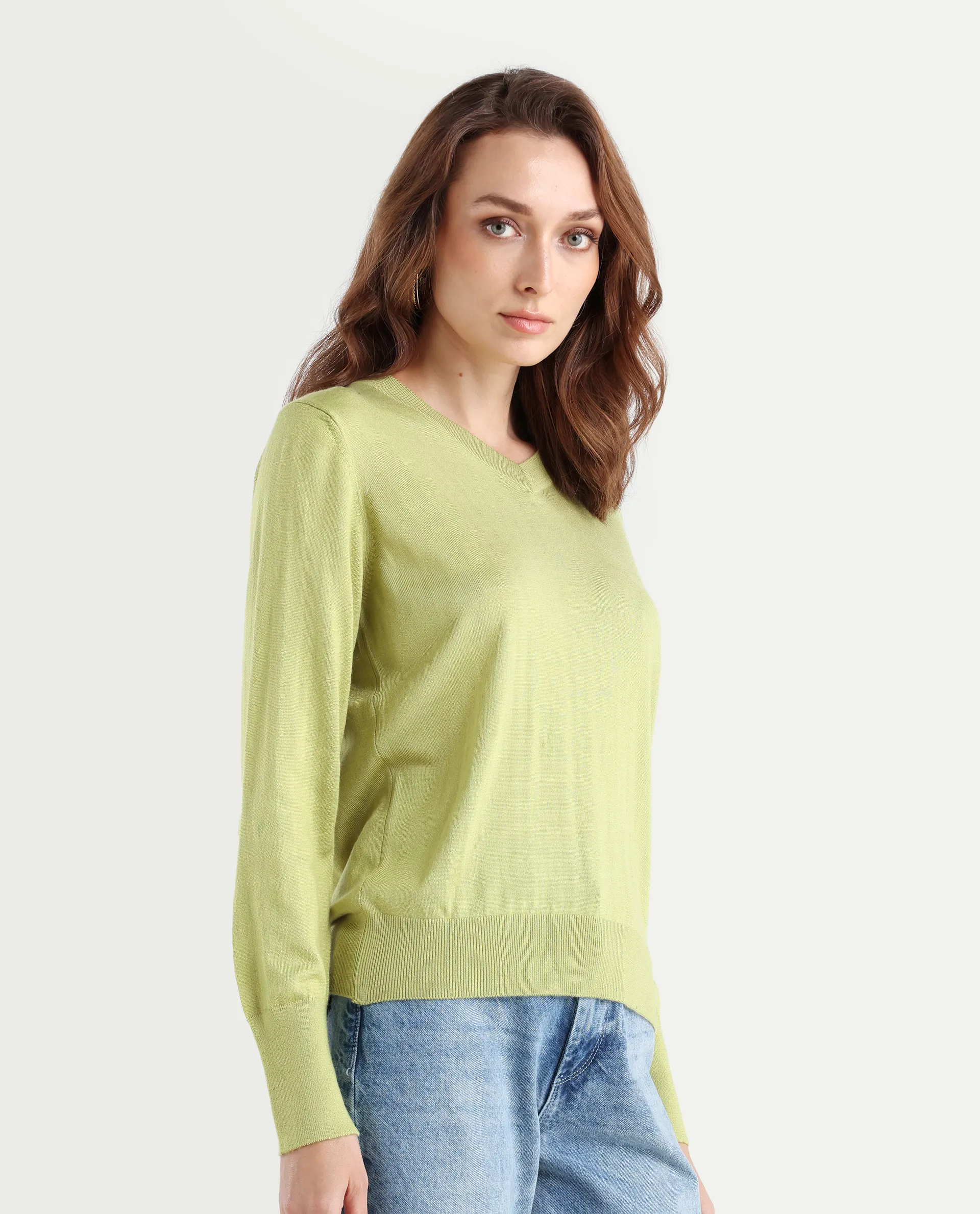 Rareism Women's Usak Flouroscent Green Acrylic V-Neck Plain Regular Fitted Sweater - Image 6