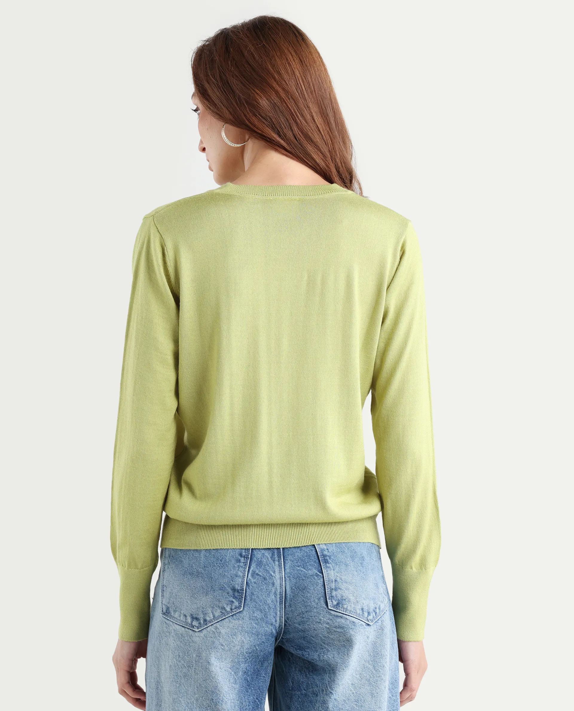 Rareism Women's Usak Flouroscent Green Acrylic V-Neck Plain Regular Fitted Sweater - Image 7