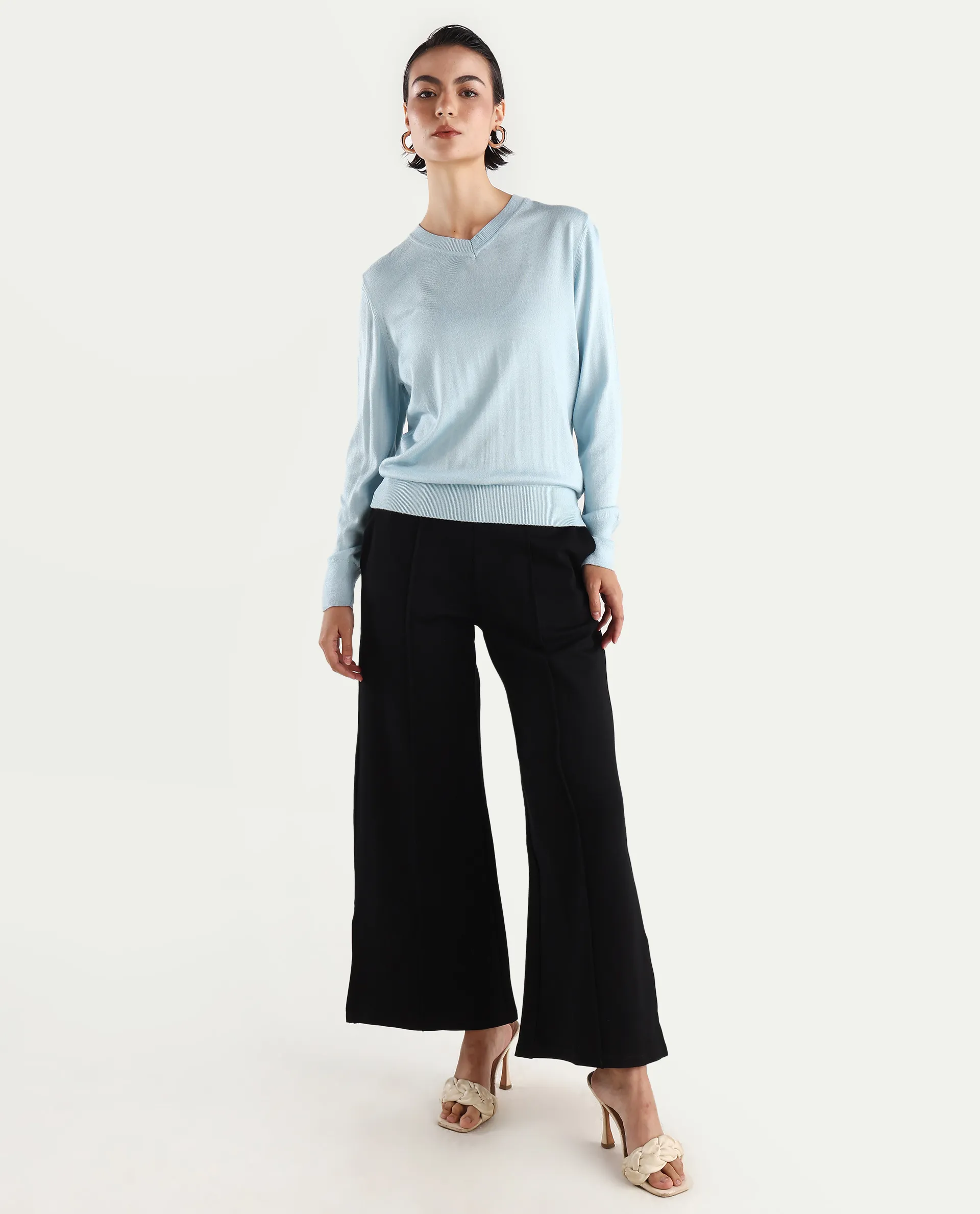 Rareism Women's Usak Light Blue Acrylic V-Neck Plain Regular Fitted Sweater - Image 2
