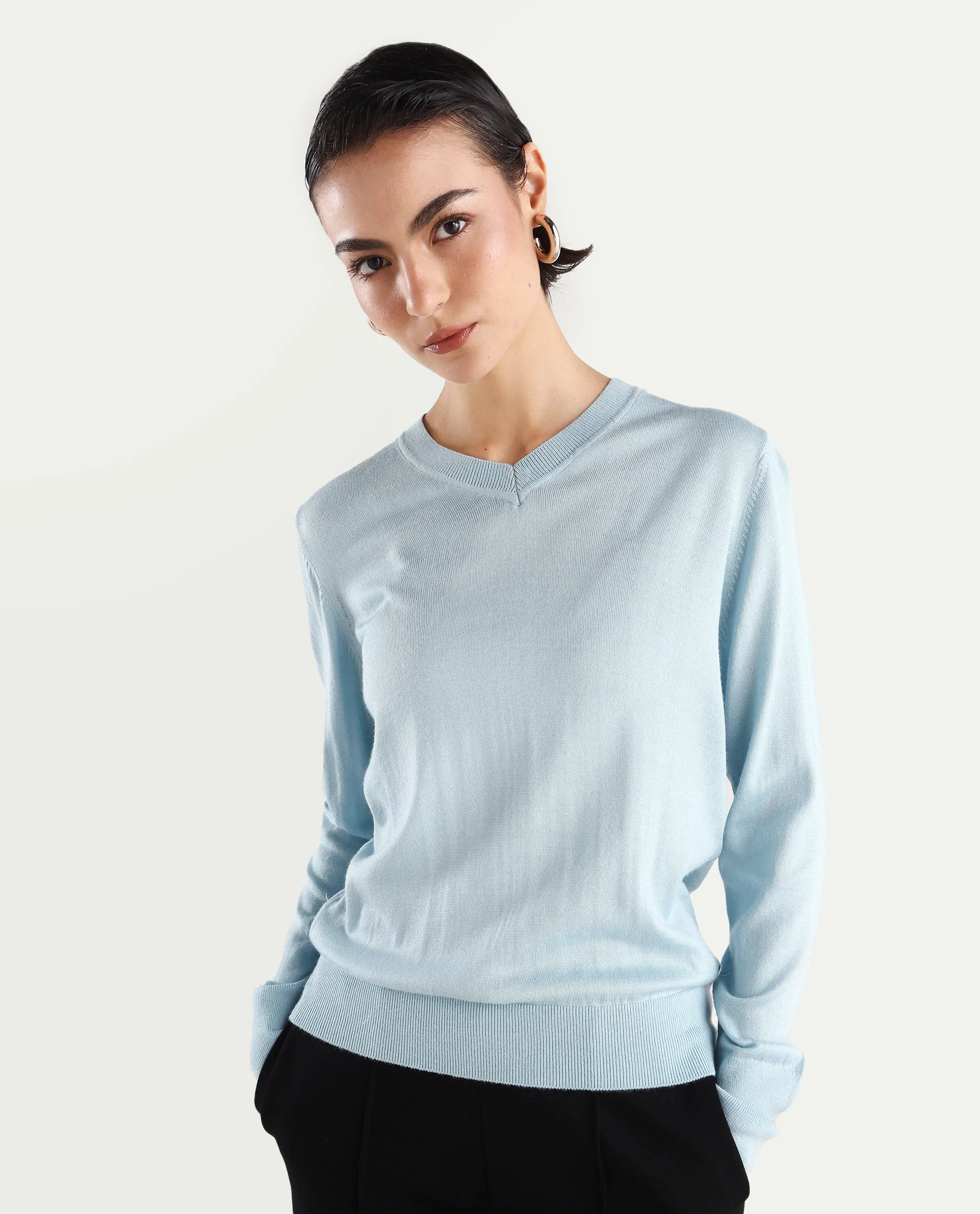 Rareism Women's Usak Light Blue Acrylic V-Neck Plain Regular Fitted Sweater - Image 3