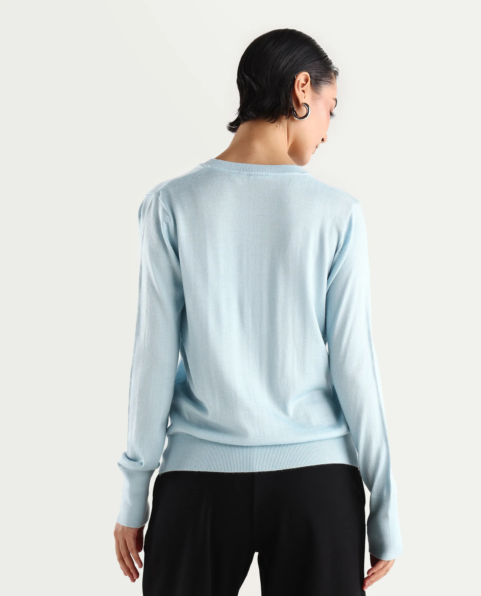 Rareism Women's Usak Light Blue Acrylic V-Neck Plain Regular Fitted Sweater - Image 7