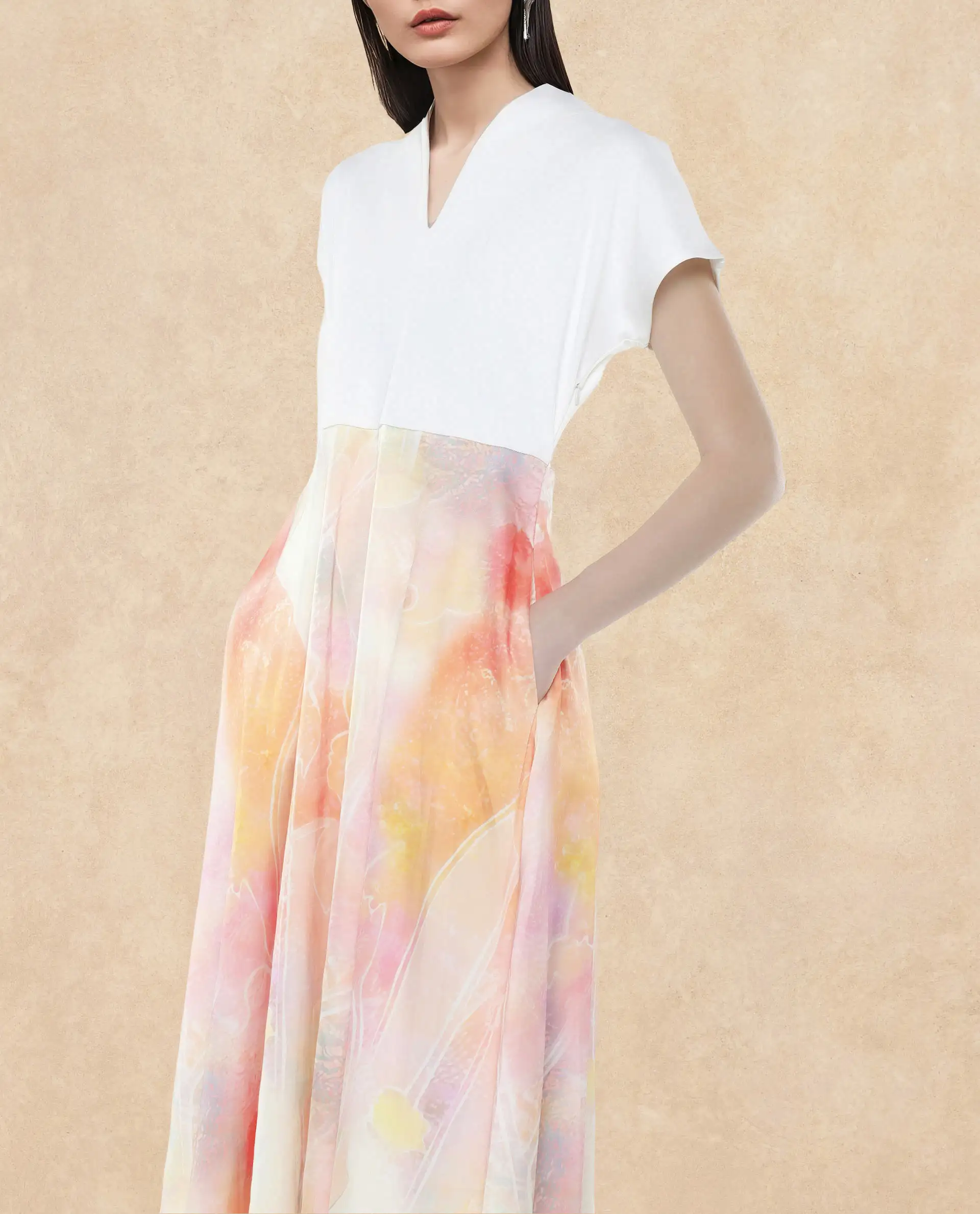 Rareism Women's Usoppin Multi Polyester Built-Up Neck Abstract Print Extended Sleeves Midi Fit And Flare Dress - Image 2