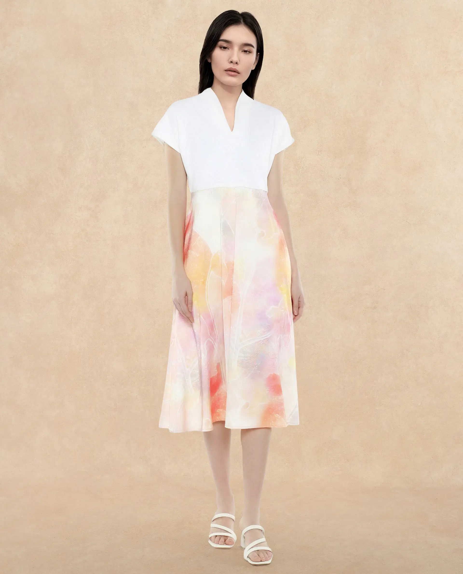 Rareism Women's Usoppin Multi Polyester Built-Up Neck Abstract Print Extended Sleeves Midi Fit And Flare Dress - Image 3