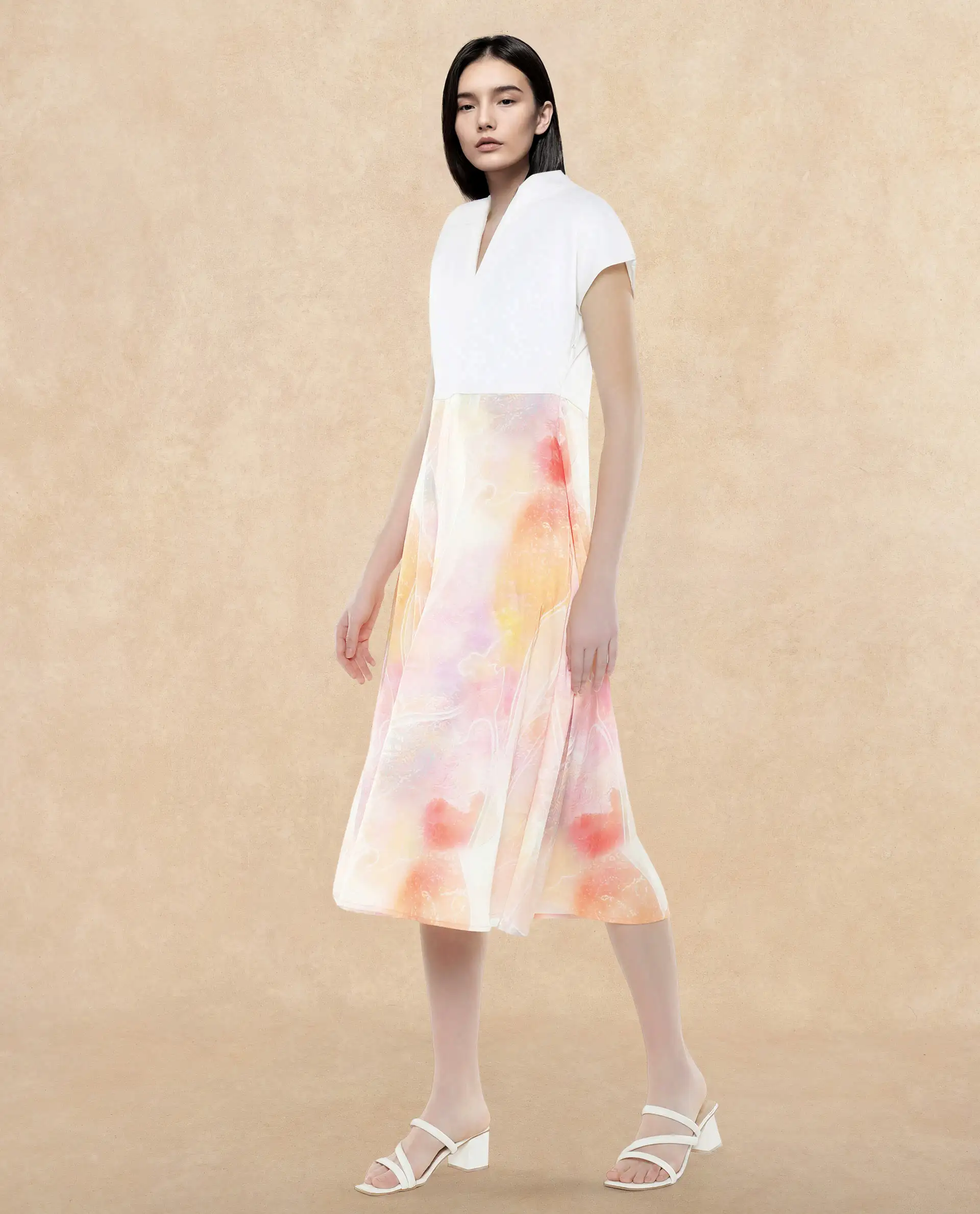 Rareism Women's Usoppin Multi Polyester Built-Up Neck Abstract Print Extended Sleeves Midi Fit And Flare Dress - Image 4