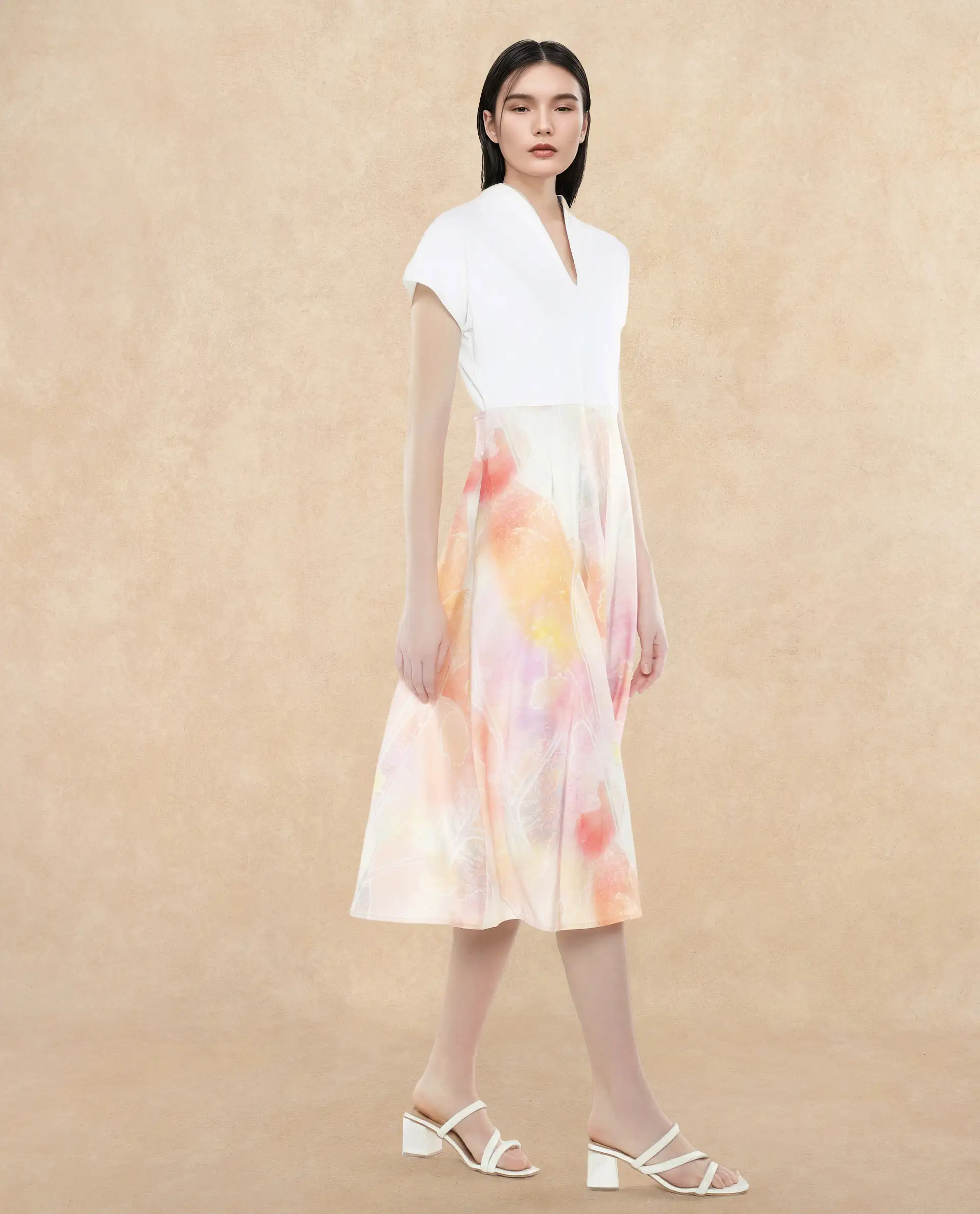 Rareism Women's Usoppin Multi Polyester Built-Up Neck Abstract Print Extended Sleeves Midi Fit And Flare Dress - Image 5