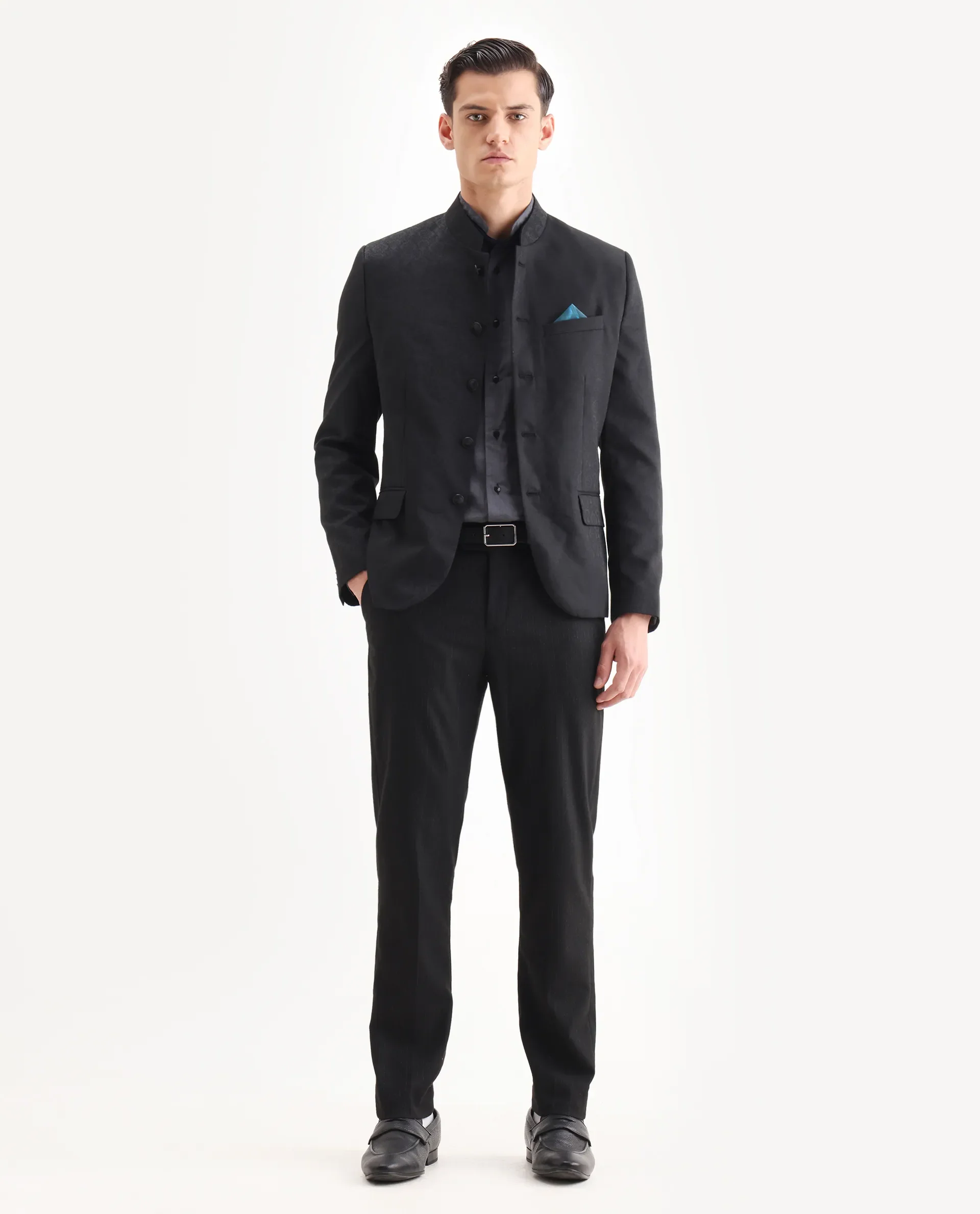 Rare Rabbit Men's Utica Black Polyester Jacquard Tailored Fit Full Sleeve Mandarin Collar Bandhgala Jodhpuri - Image 2
