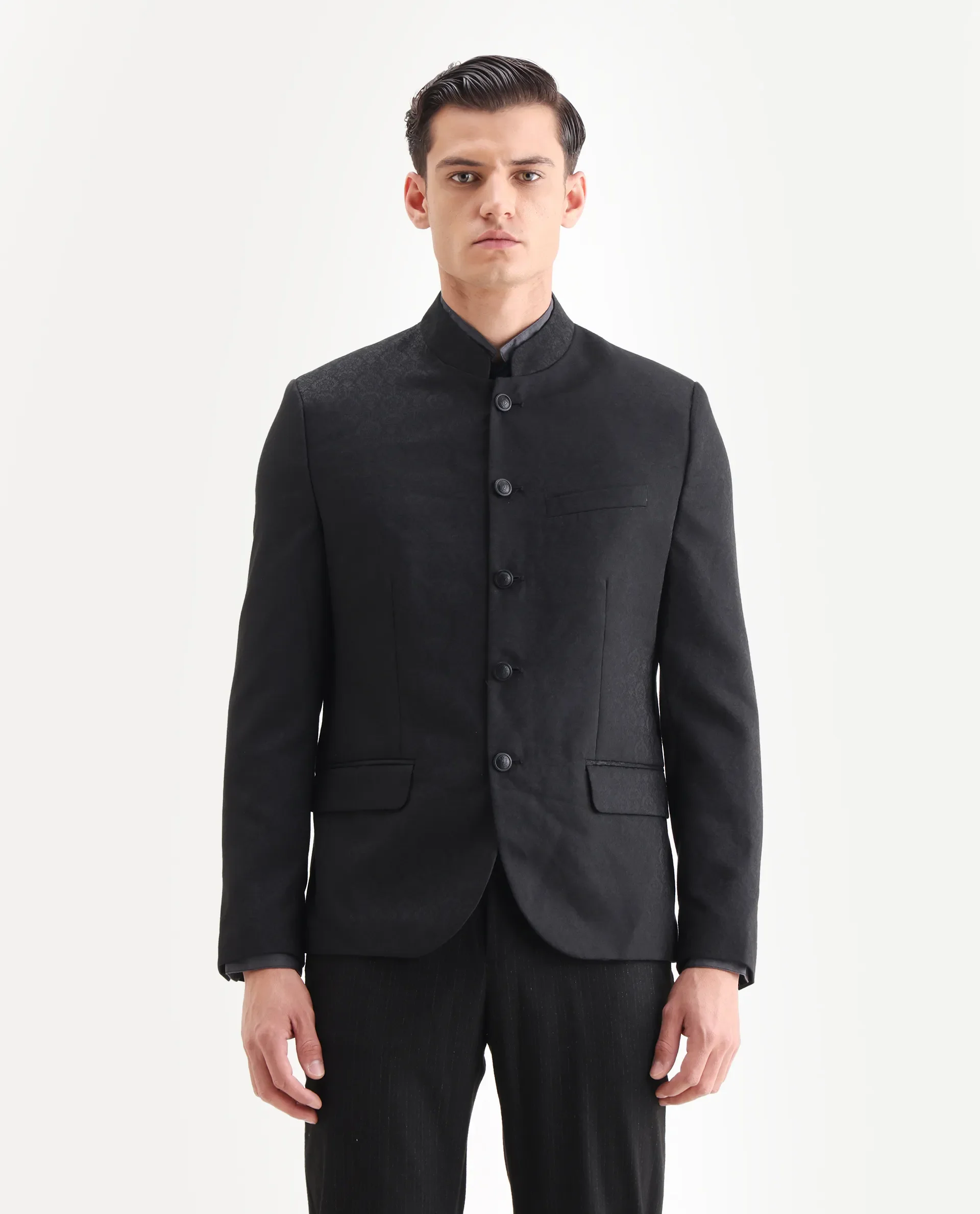 Rare Rabbit Men's Utica Black Polyester Jacquard Tailored Fit Full Sleeve Mandarin Collar Bandhgala Jodhpuri - Image 4