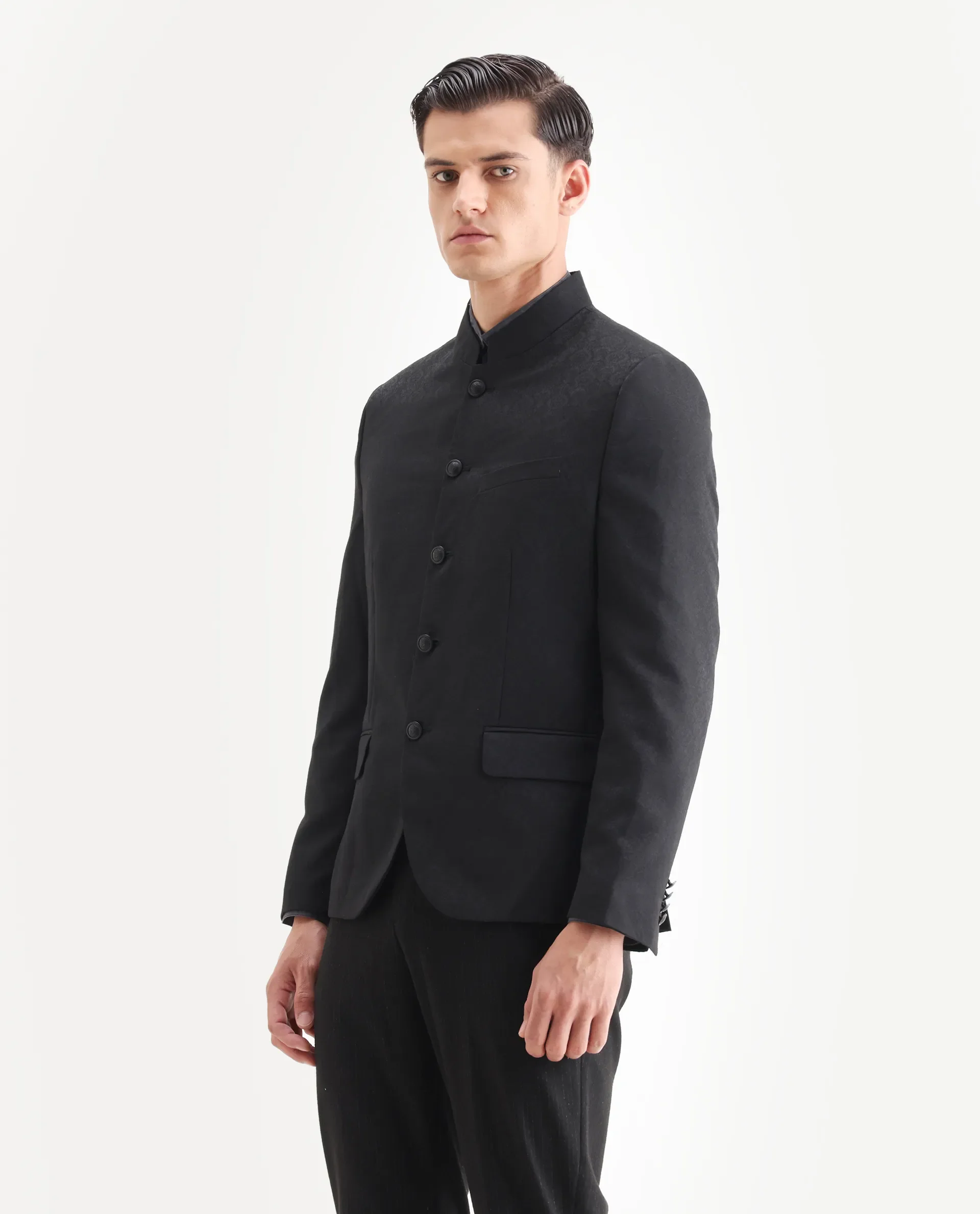 Rare Rabbit Men's Utica Black Polyester Jacquard Tailored Fit Full Sleeve Mandarin Collar Bandhgala Jodhpuri - Image 5
