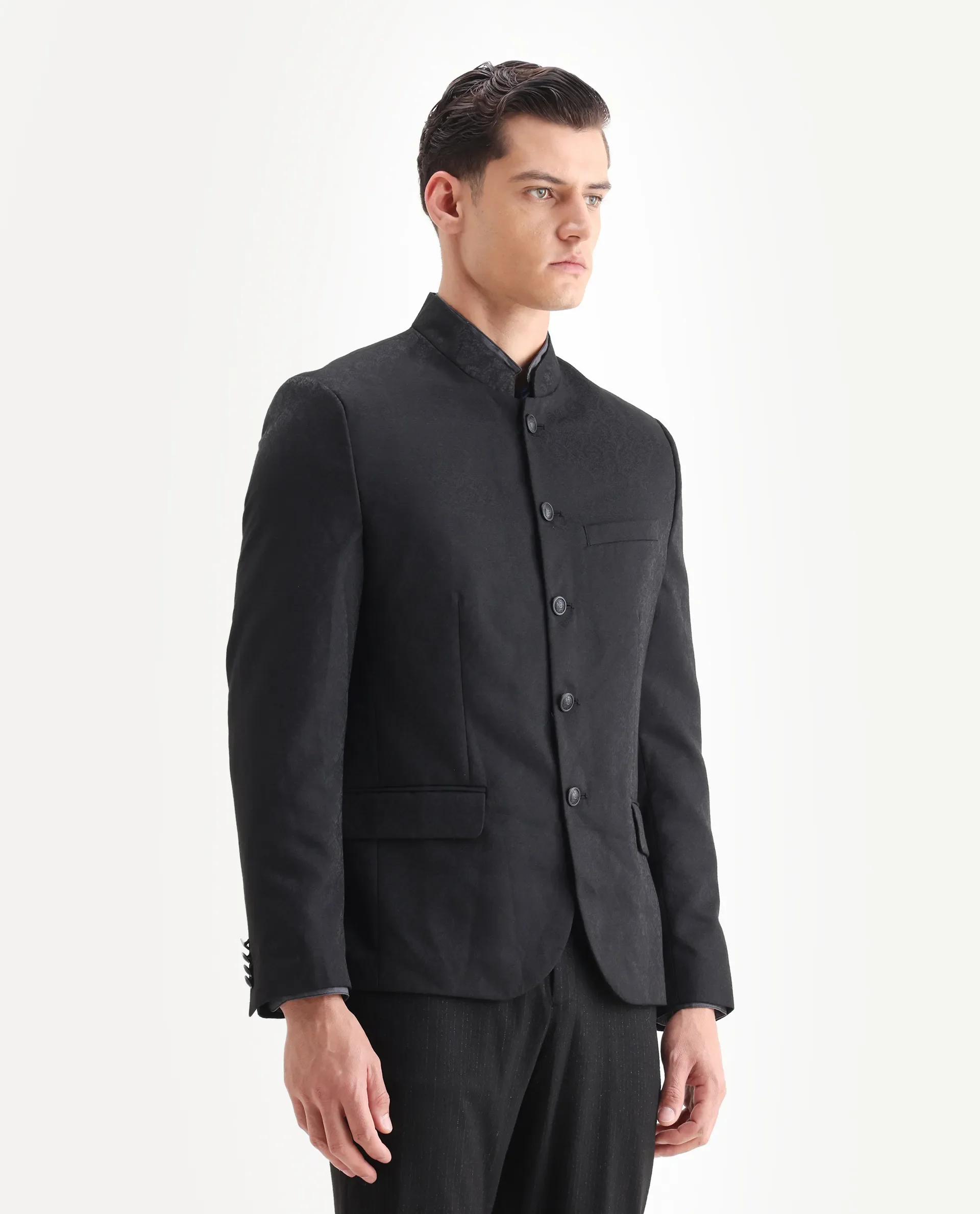 Rare Rabbit Men's Utica Black Polyester Jacquard Tailored Fit Full Sleeve Mandarin Collar Bandhgala Jodhpuri - Image 6