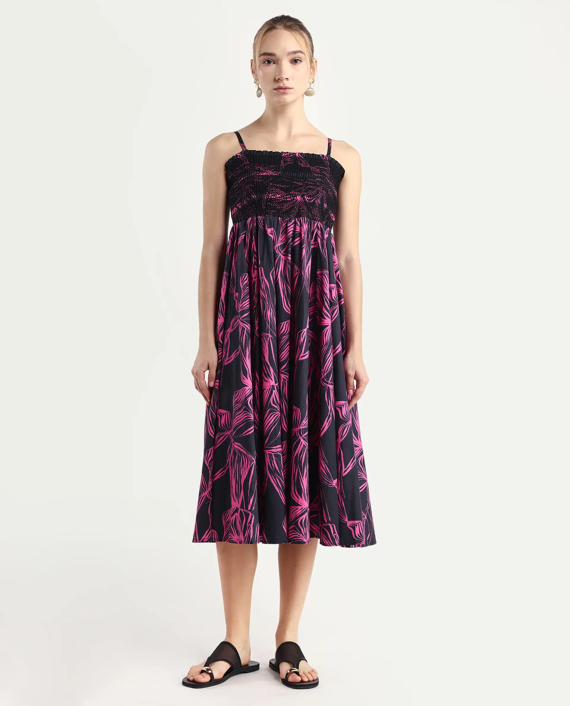 Rareism Women's Utjola Black Cotton Tube Neck Abstract Print Sleeveless Midi Fit And Flare Dress - Image 3
