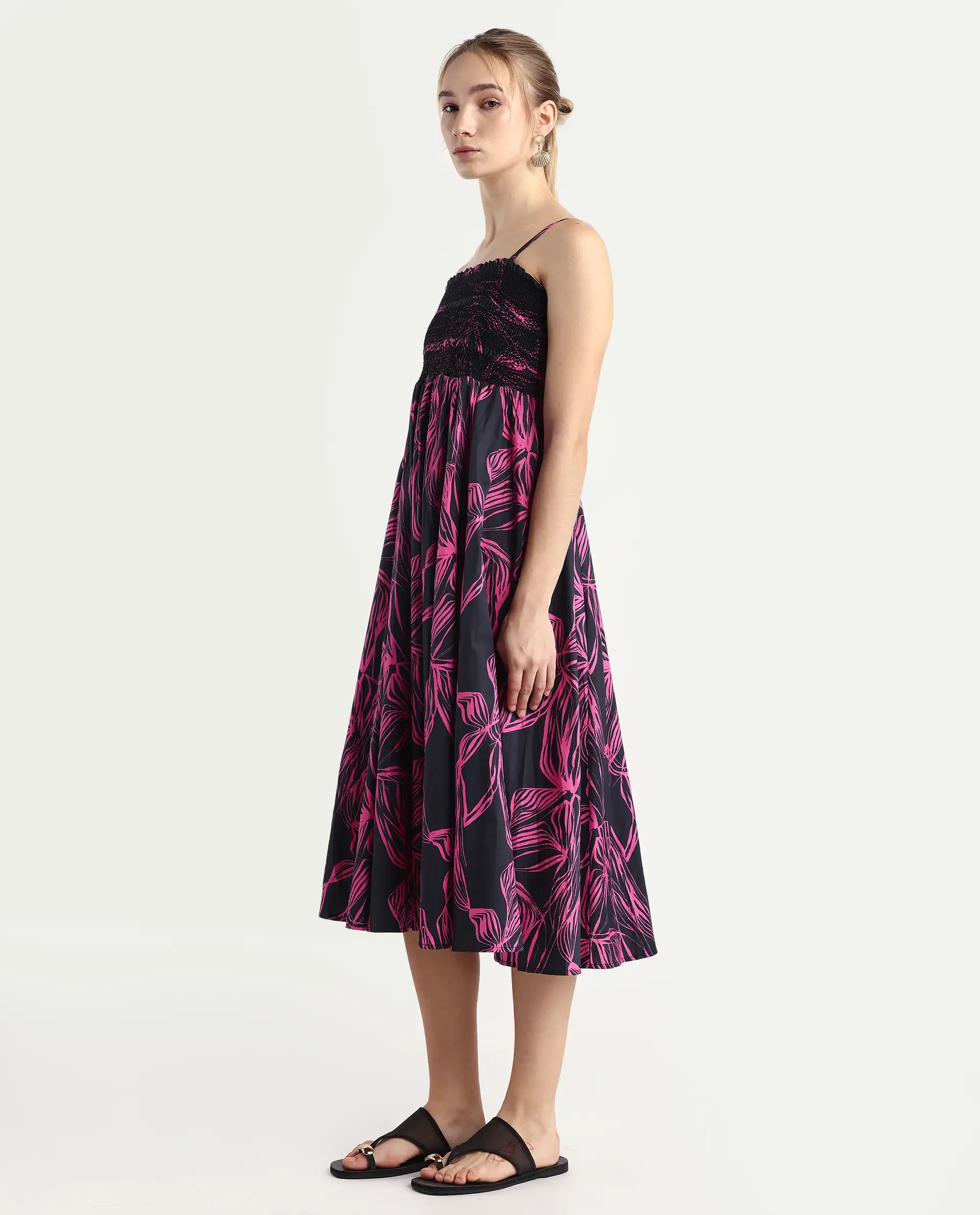 Rareism Women's Utjola Black Cotton Tube Neck Abstract Print Sleeveless Midi Fit And Flare Dress - Image 6