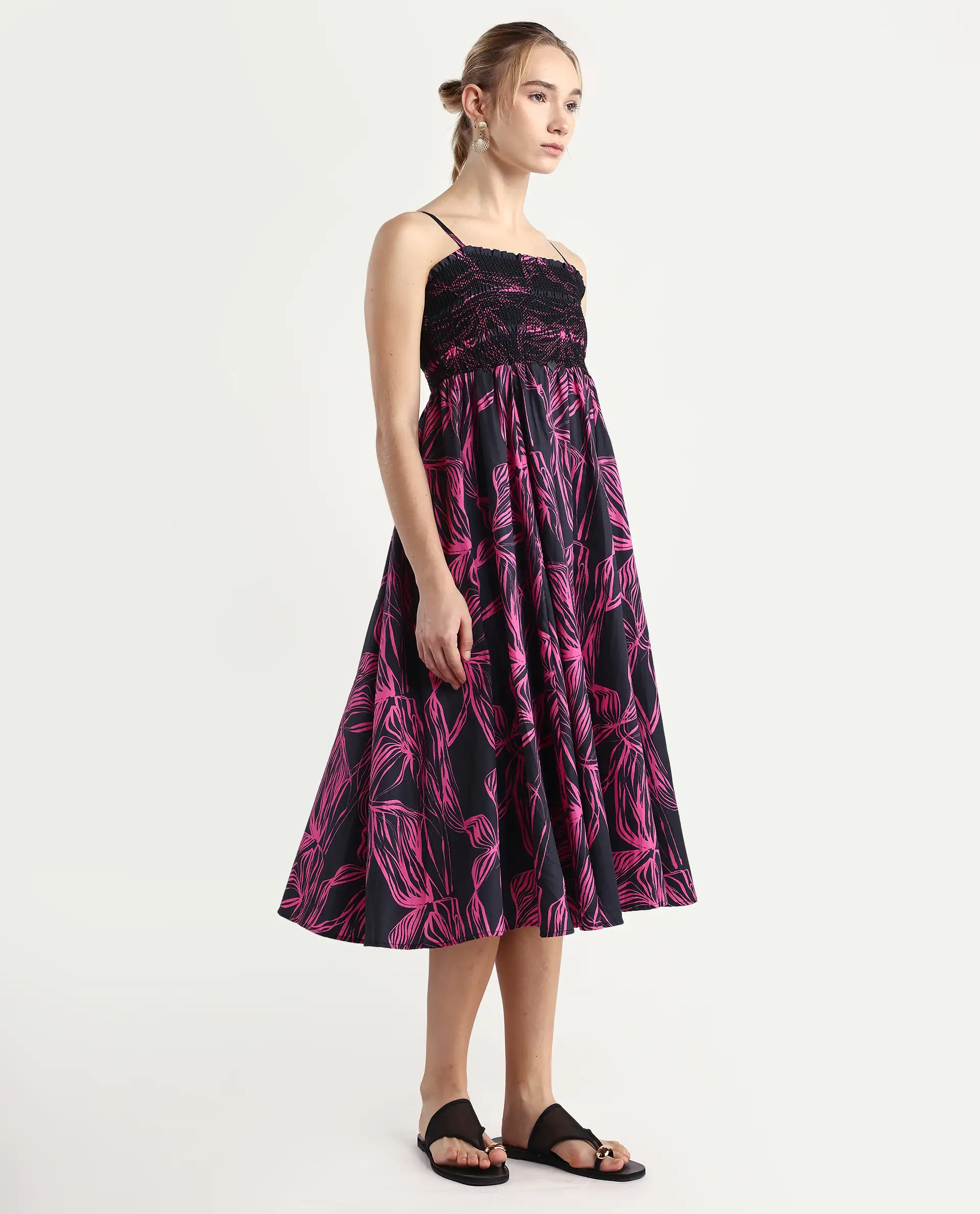Rareism Women's Utjola Black Cotton Tube Neck Abstract Print Sleeveless Midi Fit And Flare Dress - Image 7