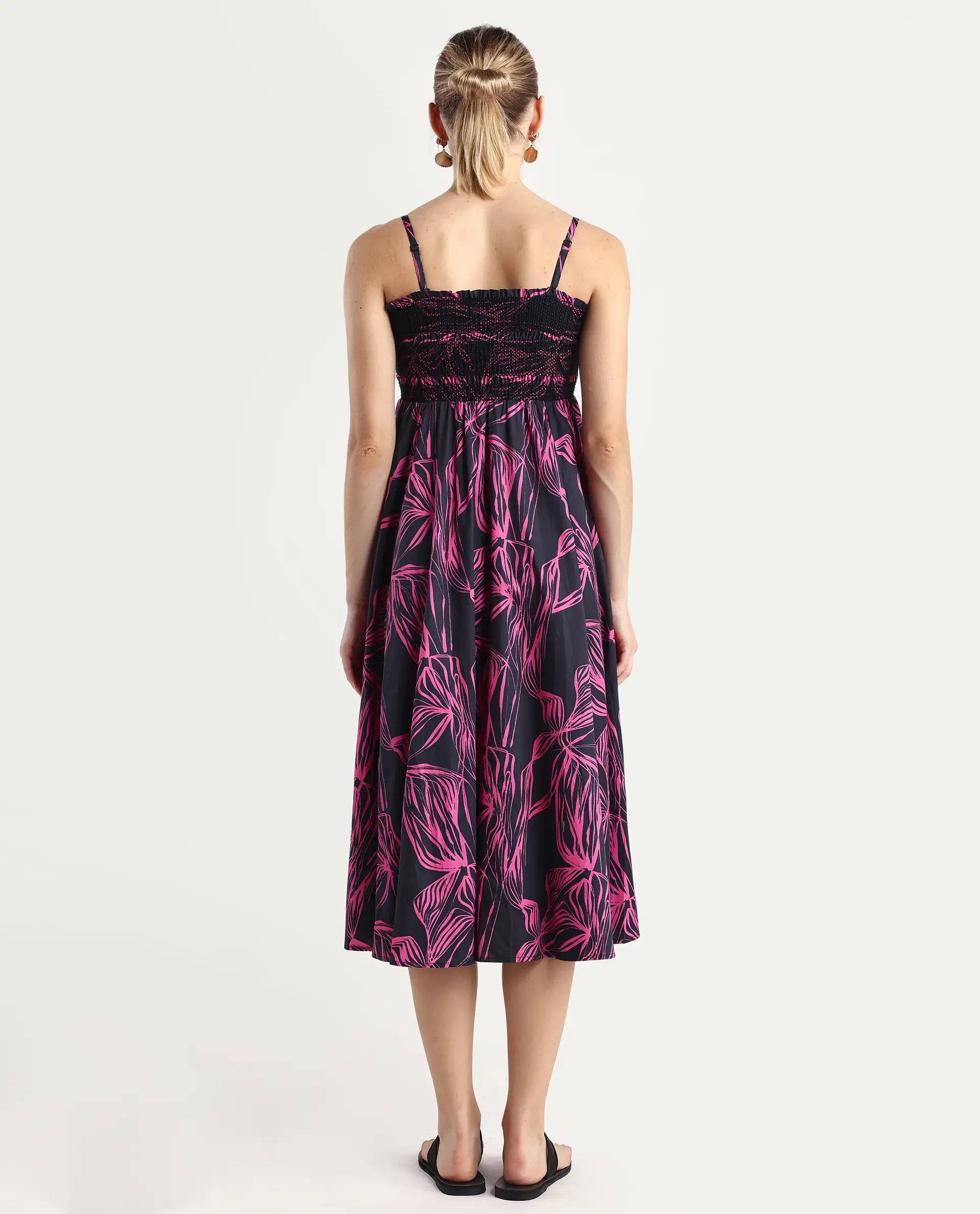 Rareism Women's Utjola Black Cotton Tube Neck Abstract Print Sleeveless Midi Fit And Flare Dress - Image 8