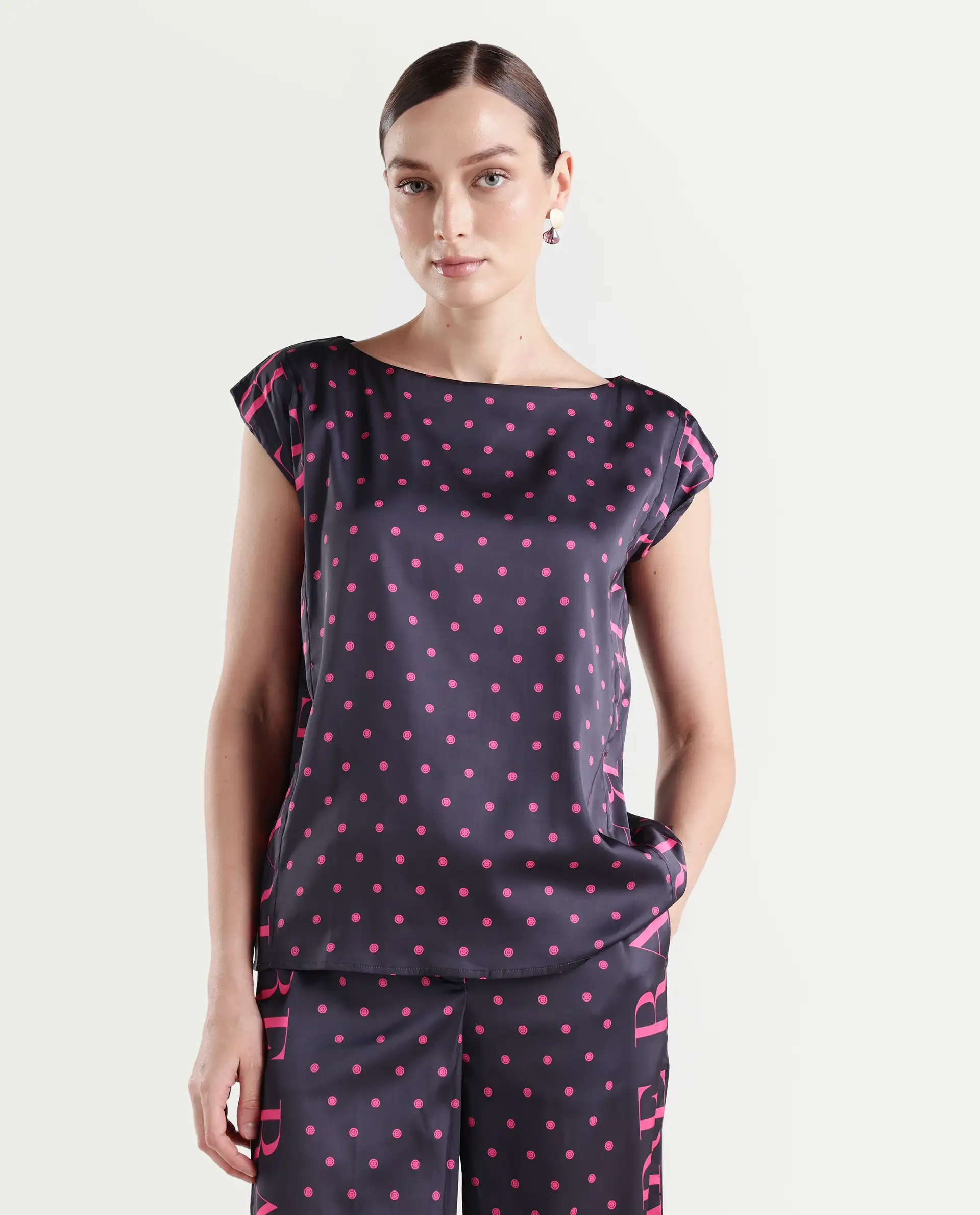 Rareism Women's Utkco Dark Grey Polyester Boat Neck Polka Print Extended Sleeves Regular Fit Top - Image 3