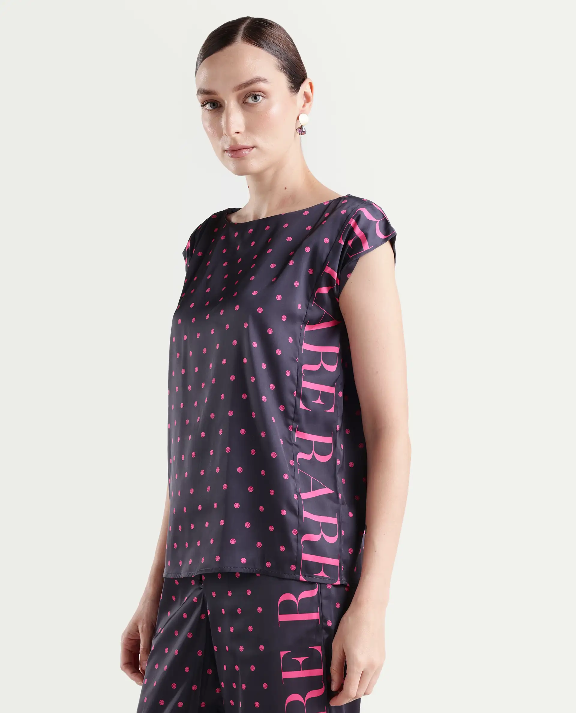 Rareism Women's Utkco Dark Grey Polyester Boat Neck Polka Print Extended Sleeves Regular Fit Top - Image 5