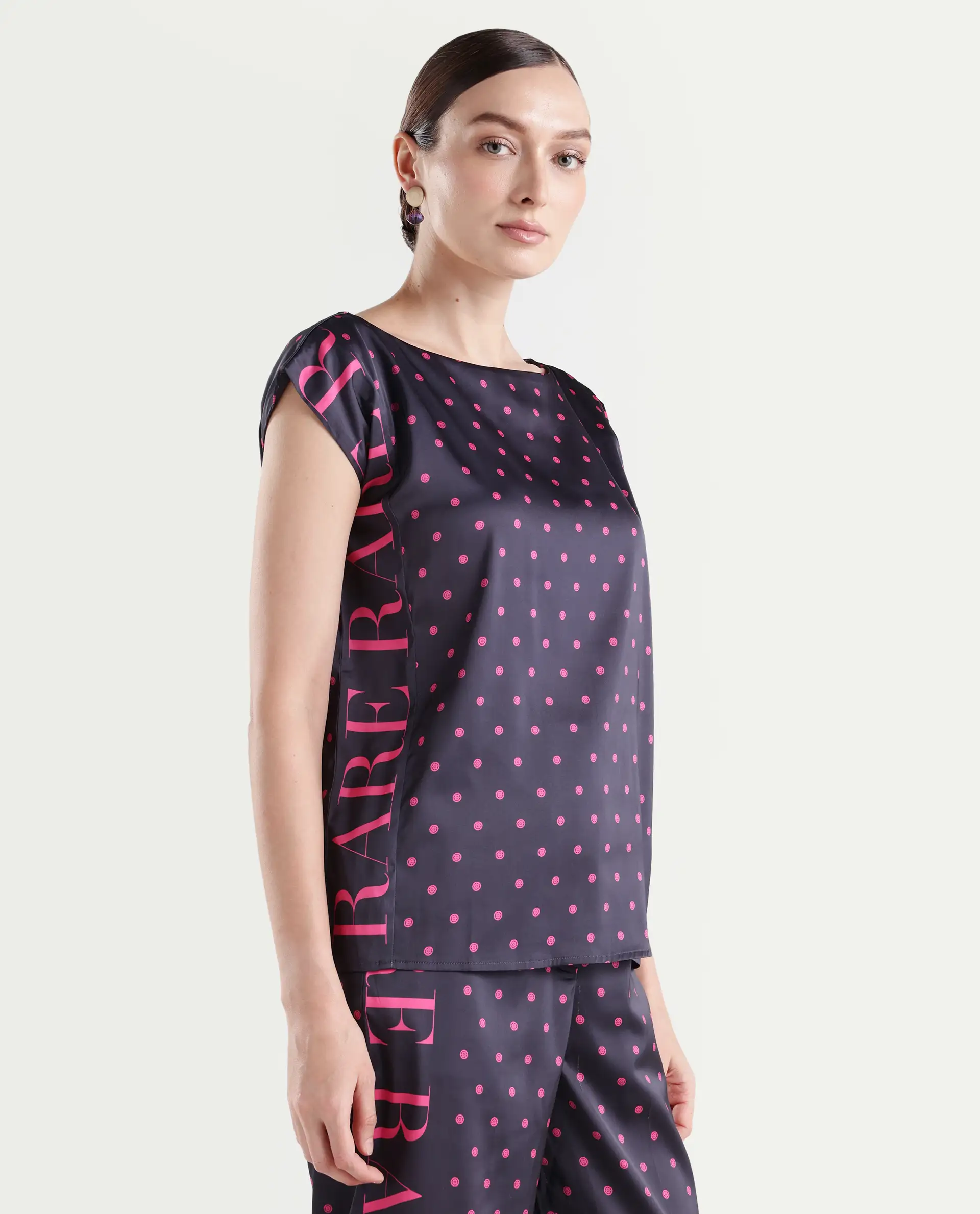 Rareism Women's Utkco Dark Grey Polyester Boat Neck Polka Print Extended Sleeves Regular Fit Top - Image 6