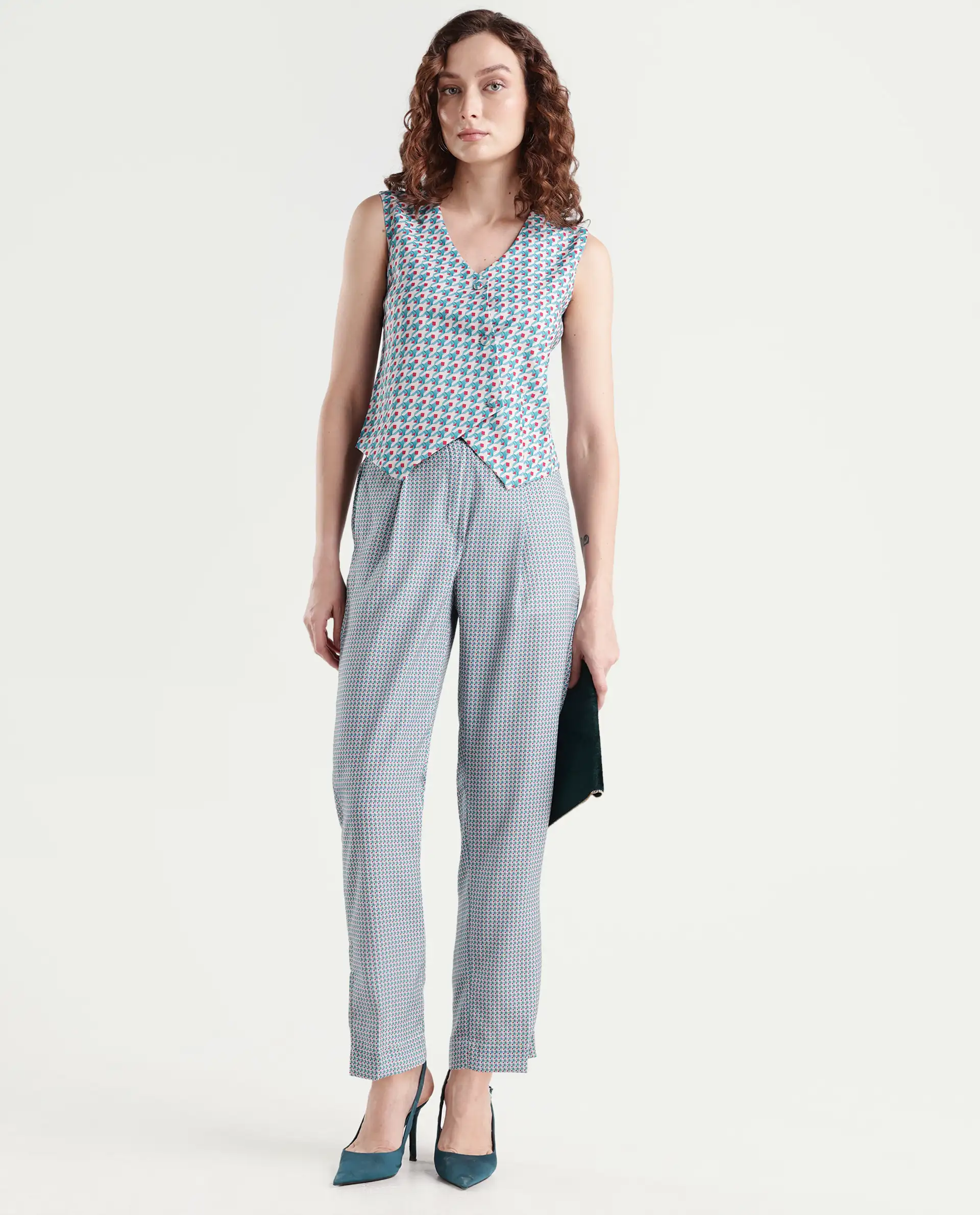 Rareism Women's Utkil B Multi Polyester Houndstooth Print Ankle Length Straight Fit Trouser