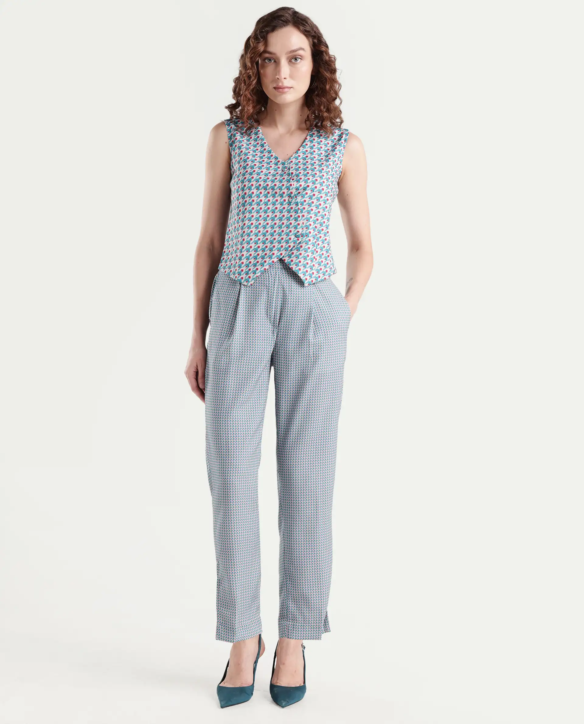 Rareism Women's Utkil B Multi Polyester Houndstooth Print Ankle Length Straight Fit Trouser - Image 2