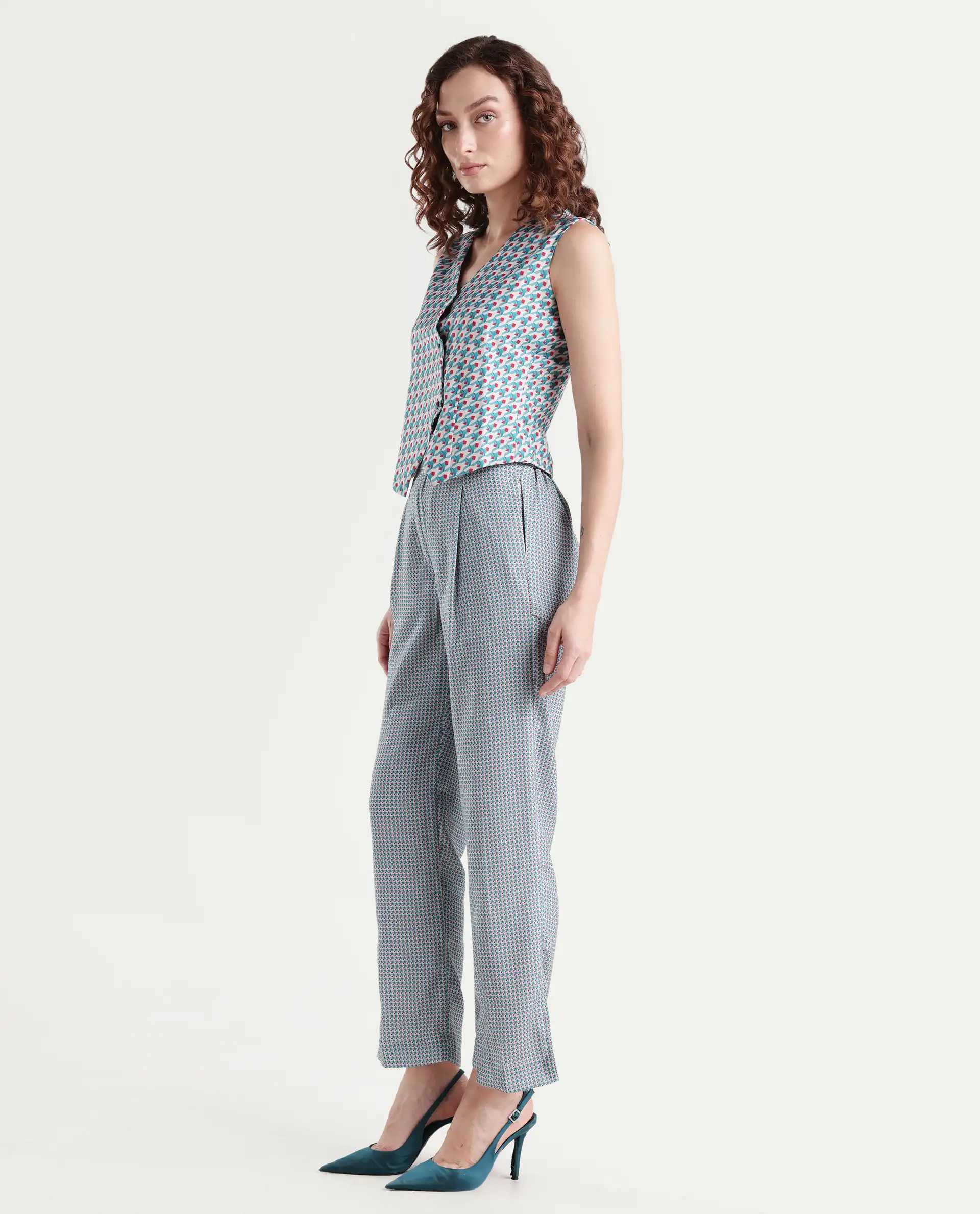 Rareism Women's Utkil B Multi Polyester Houndstooth Print Ankle Length Straight Fit Trouser - Image 5