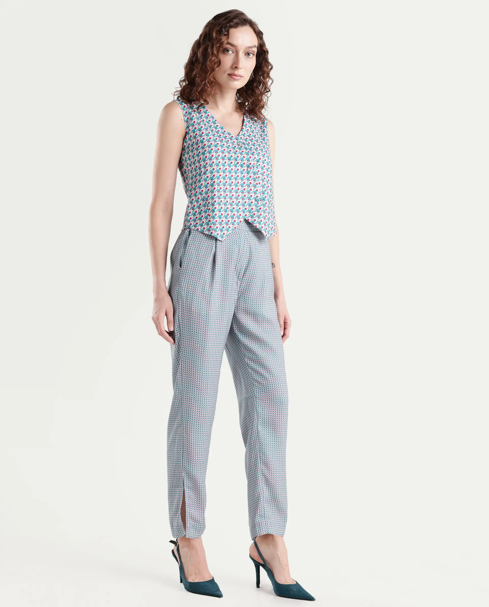 Rareism Women's Utkil B Multi Polyester Houndstooth Print Ankle Length Straight Fit Trouser - Image 6