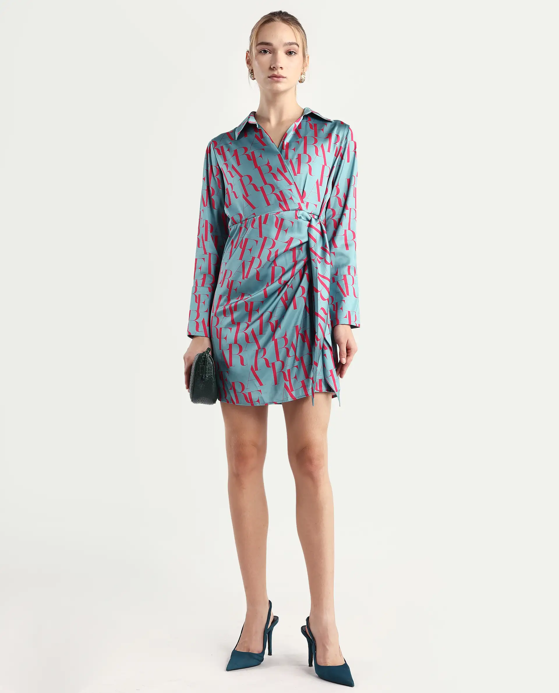 Rareism Women's Utklala Green Polyester Overlap Neck Monogram Print Cuffed Sleeve Mini Wrap Dress - Image 2