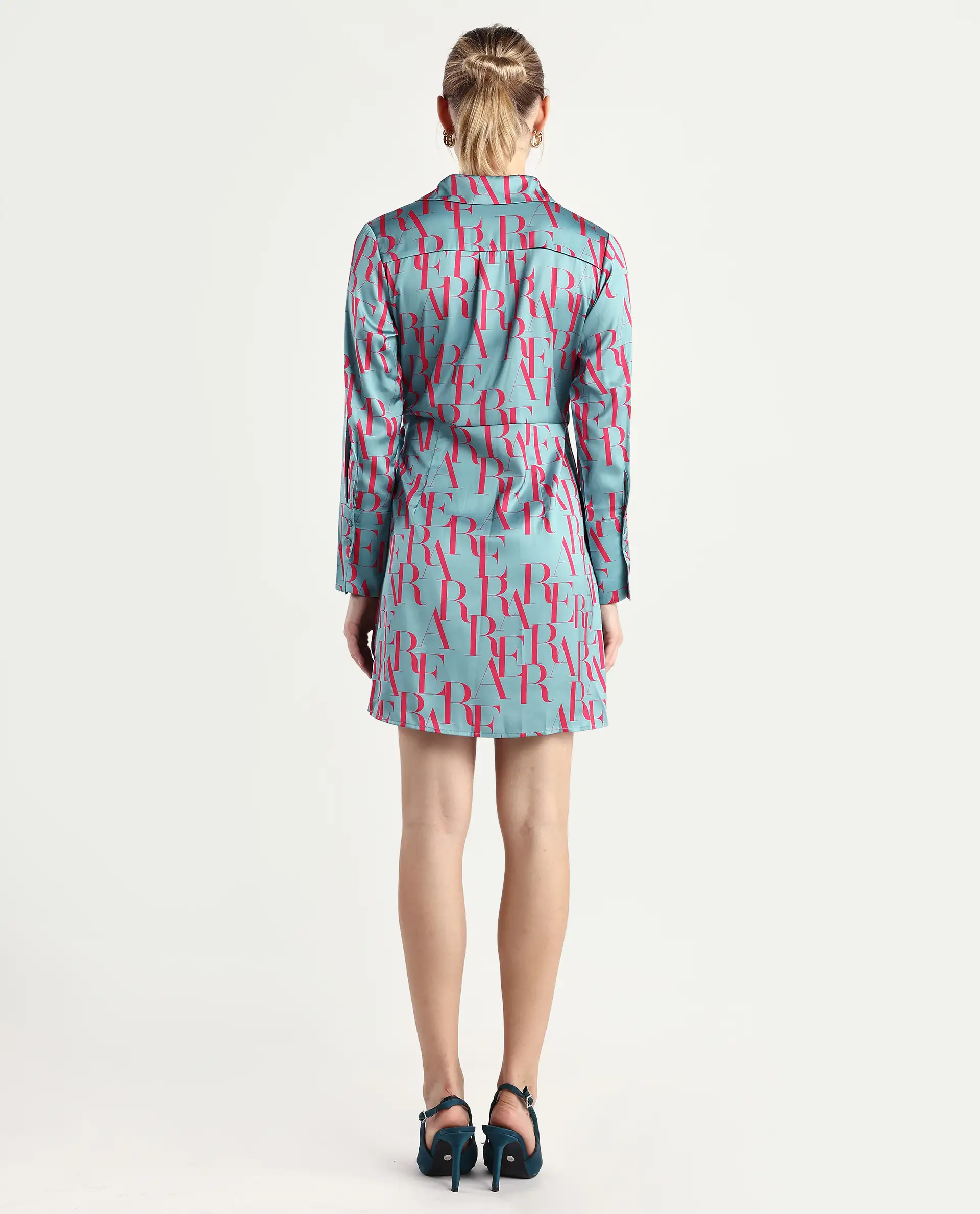 Rareism Women's Utklala Green Polyester Overlap Neck Monogram Print Cuffed Sleeve Mini Wrap Dress - Image 7