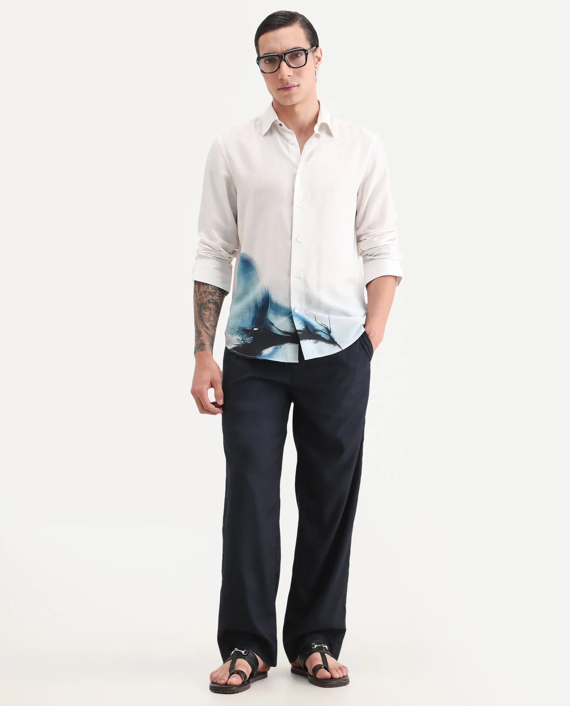 Rare Rabbit Men's Uvex White Linen Blend Fabric Full Sleeve Spread Collar Regular Fit Abstract Print Shirt - Image 2