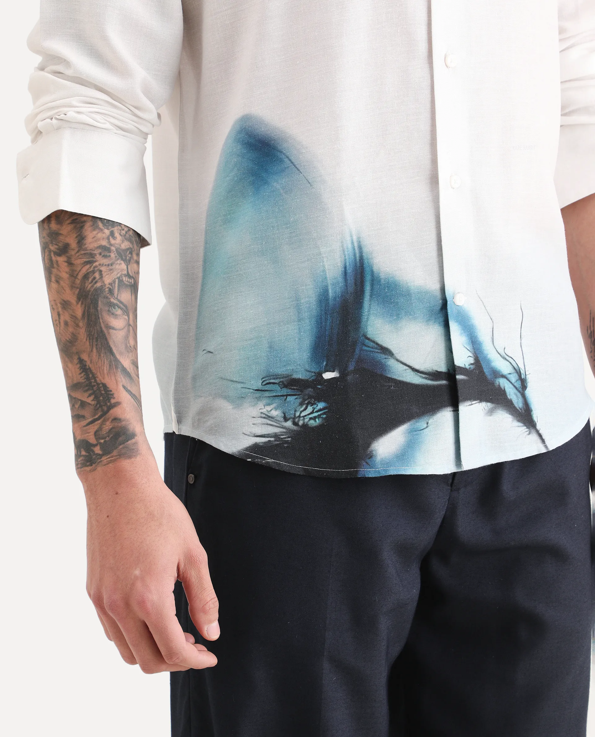 Rare Rabbit Men's Uvex White Linen Blend Fabric Full Sleeve Spread Collar Regular Fit Abstract Print Shirt - Image 3