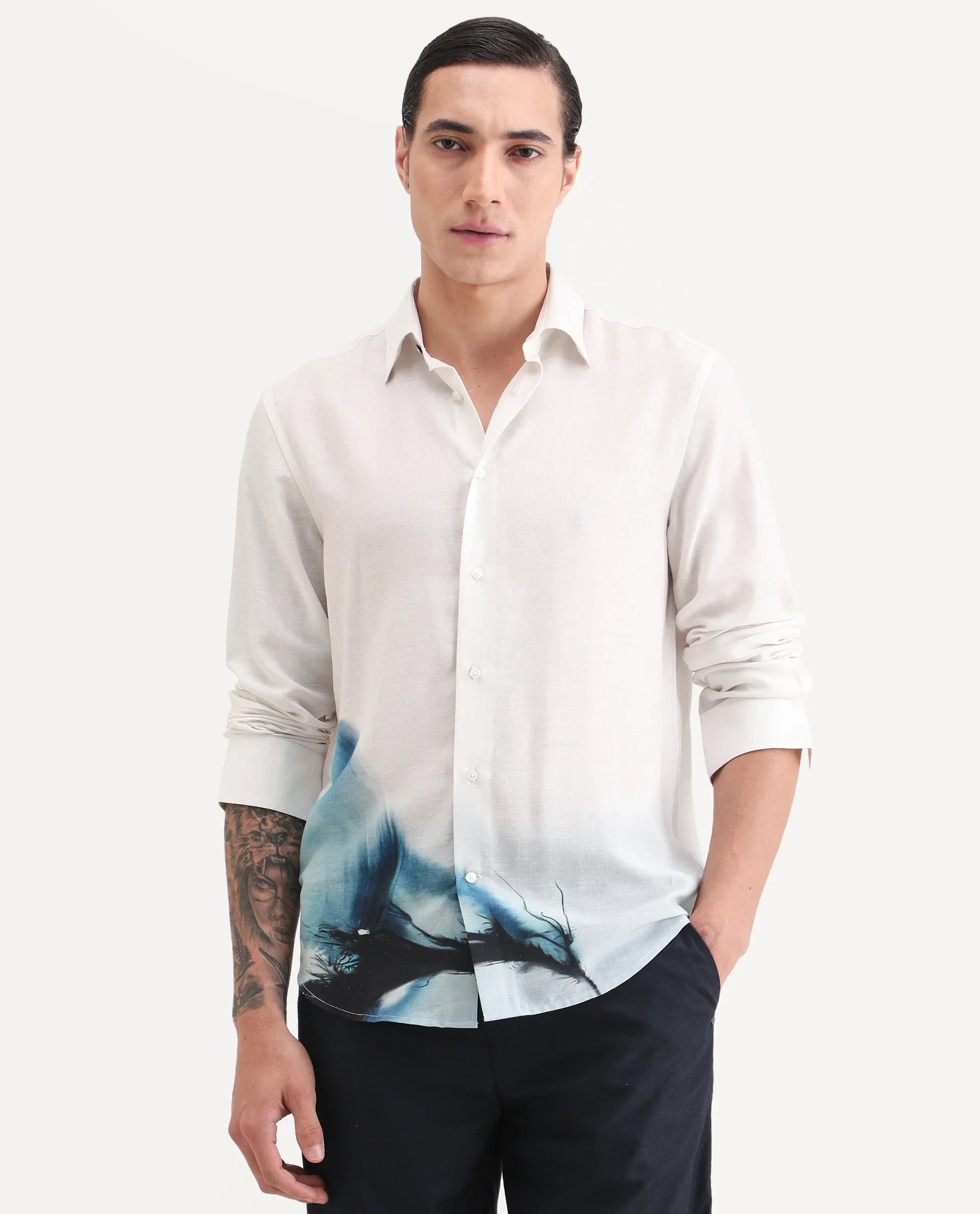 Rare Rabbit Men's Uvex White Linen Blend Fabric Full Sleeve Spread Collar Regular Fit Abstract Print Shirt - Image 4